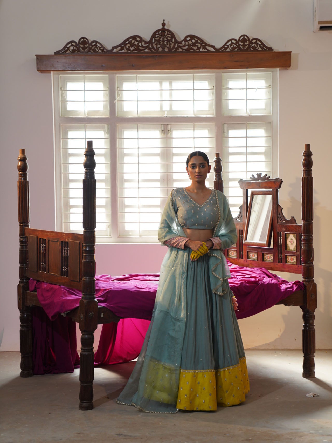 Powder Blue And Yellow Lehenga Set