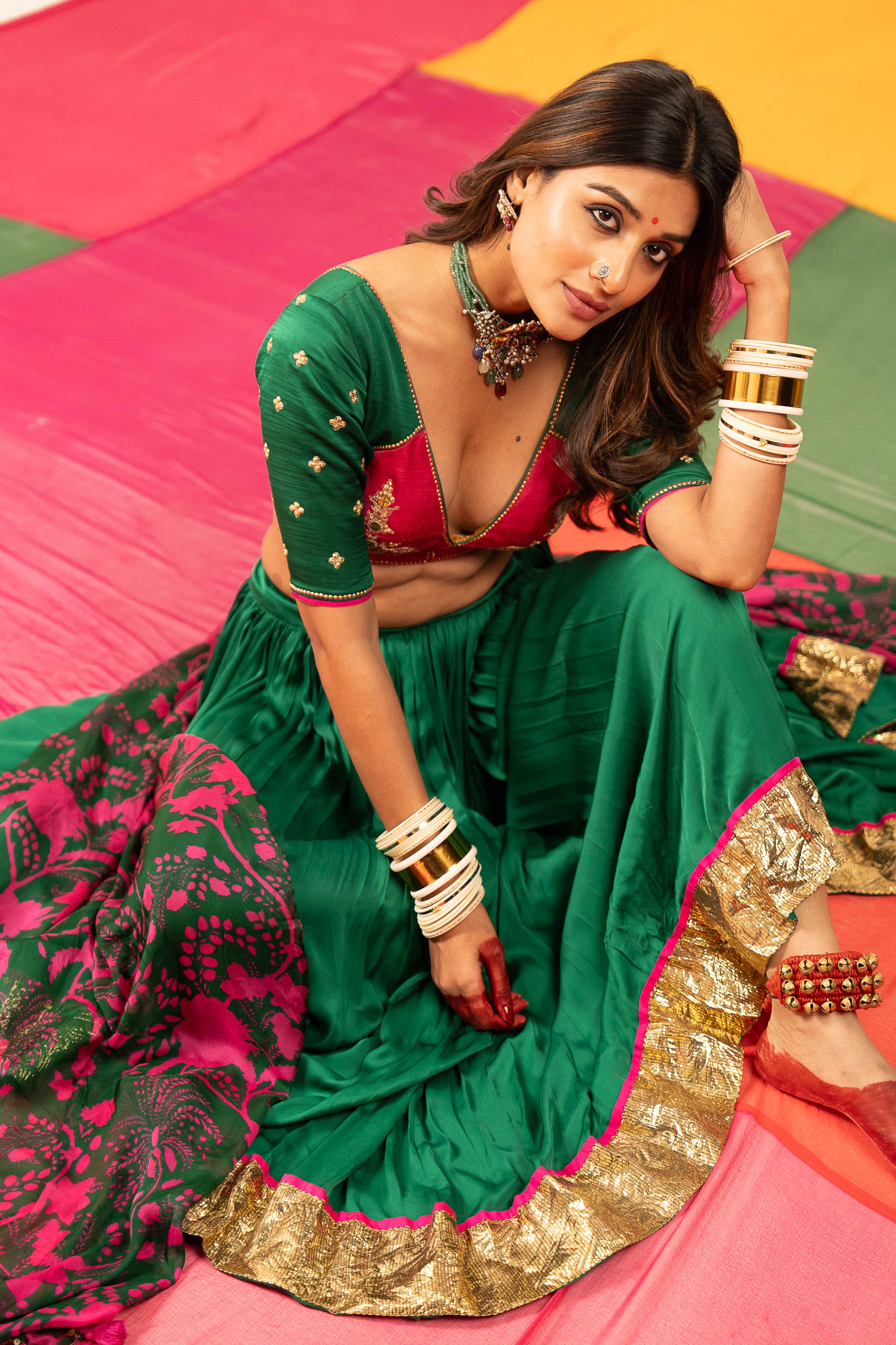 Dark Green- Pink Lehenga Set