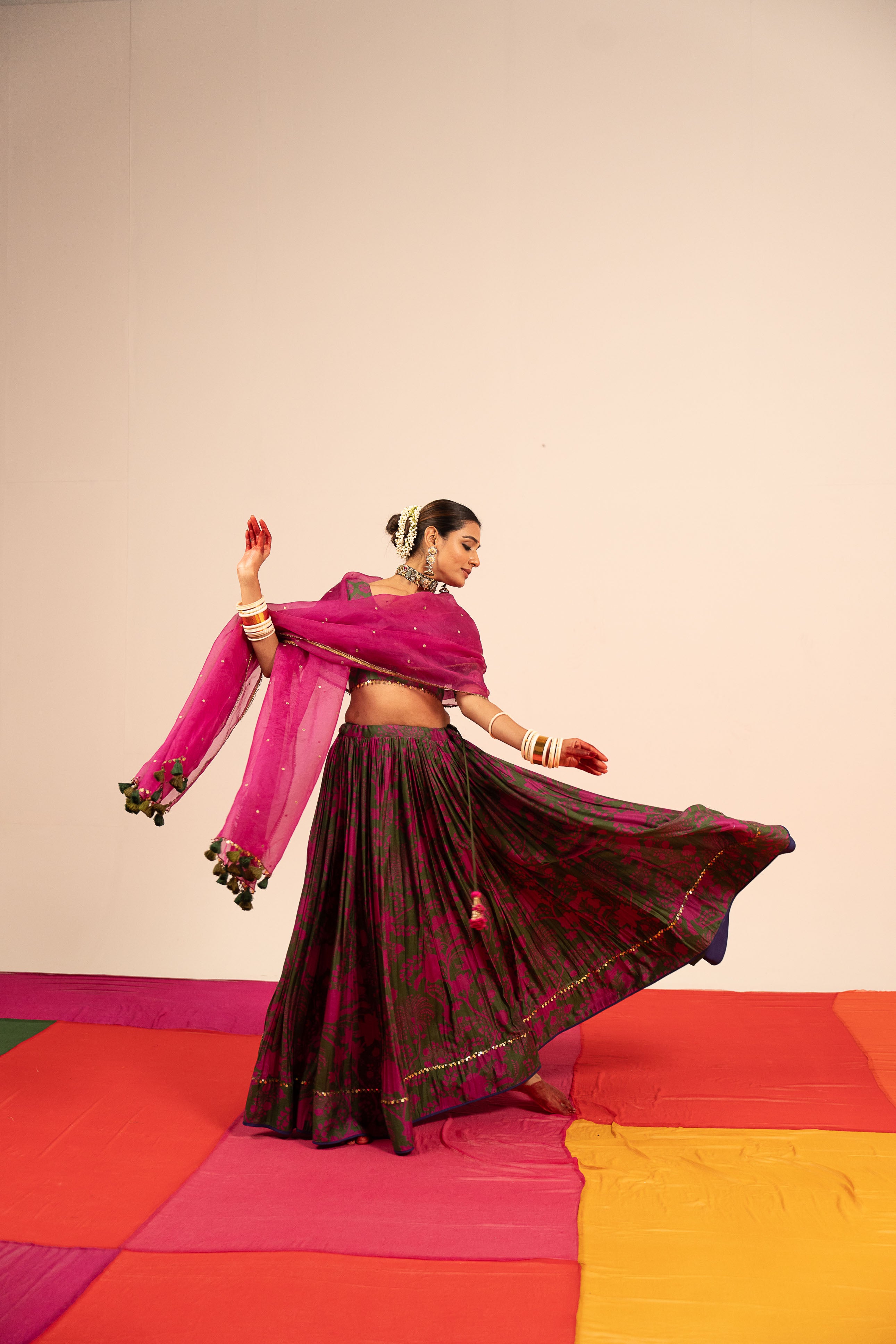 Dark Green Floral Lehenga Set