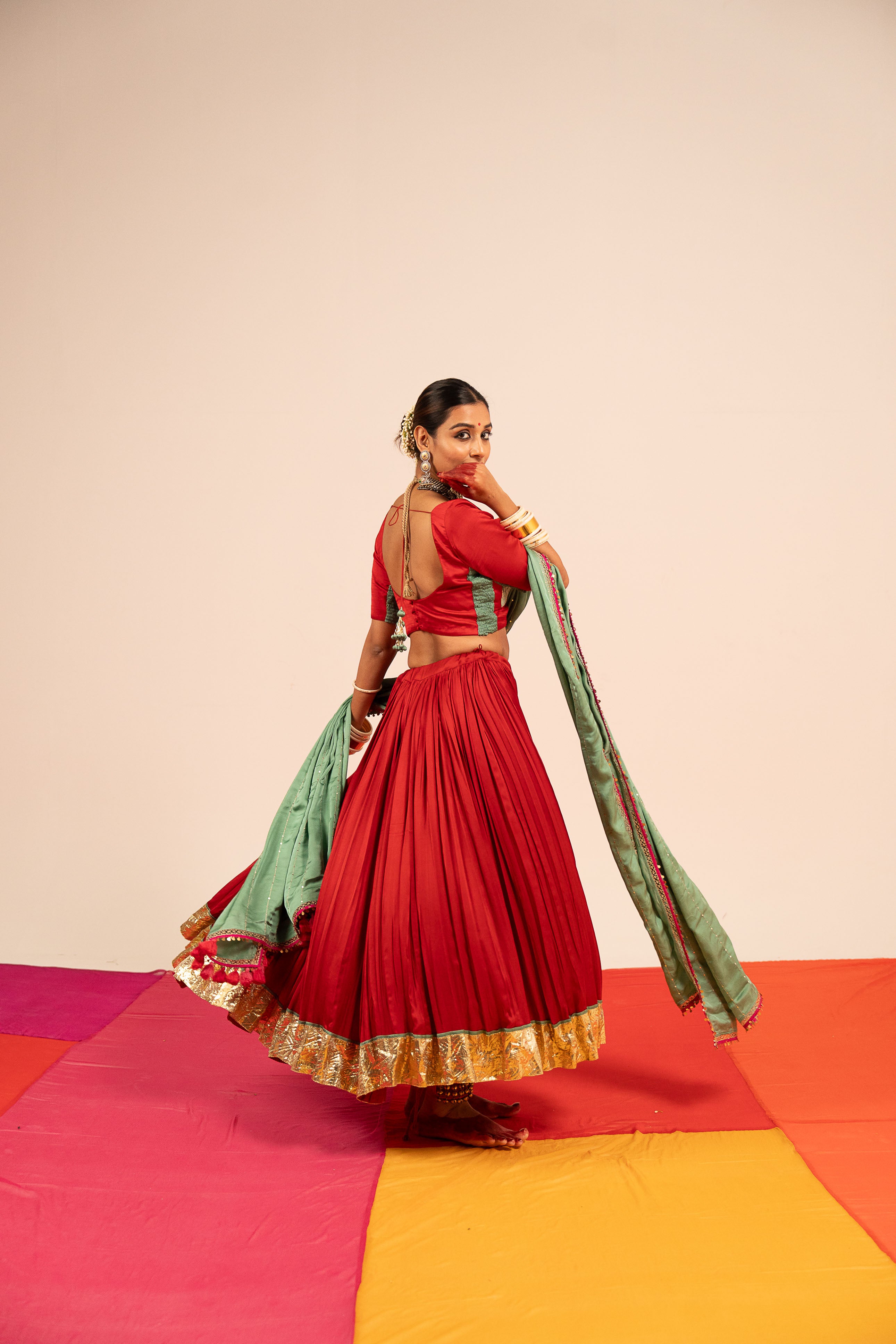 Red & Sea Green Lehenga Set
