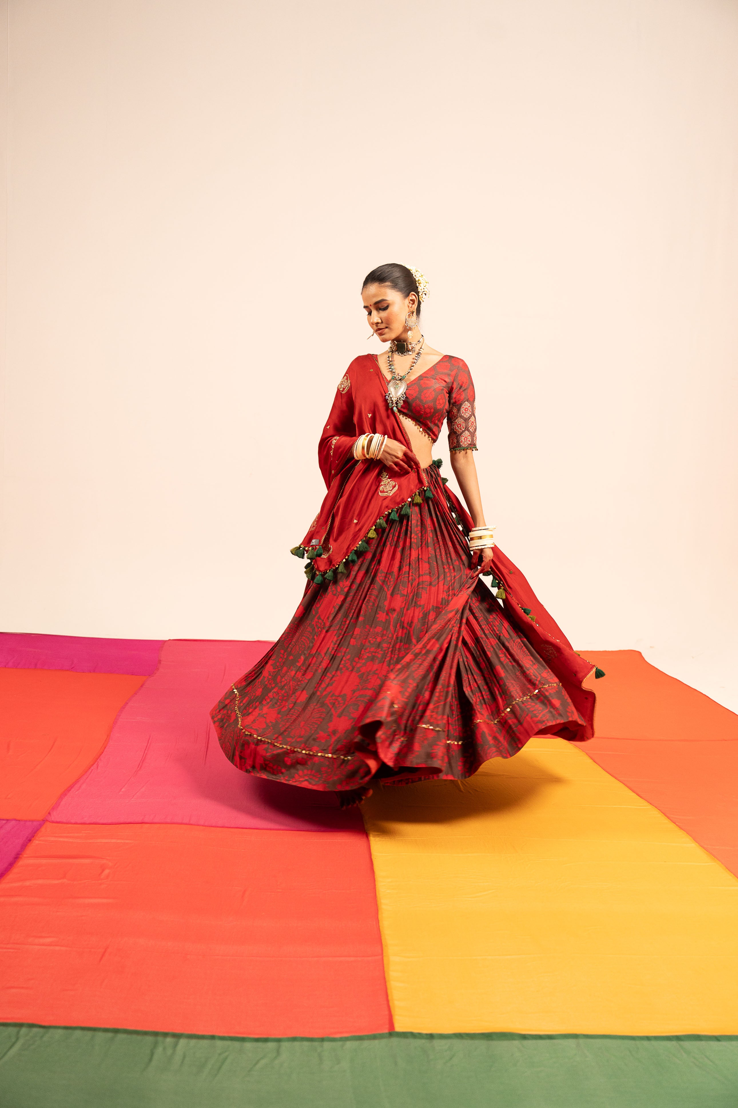 Brown Red Floral Lehenga Set