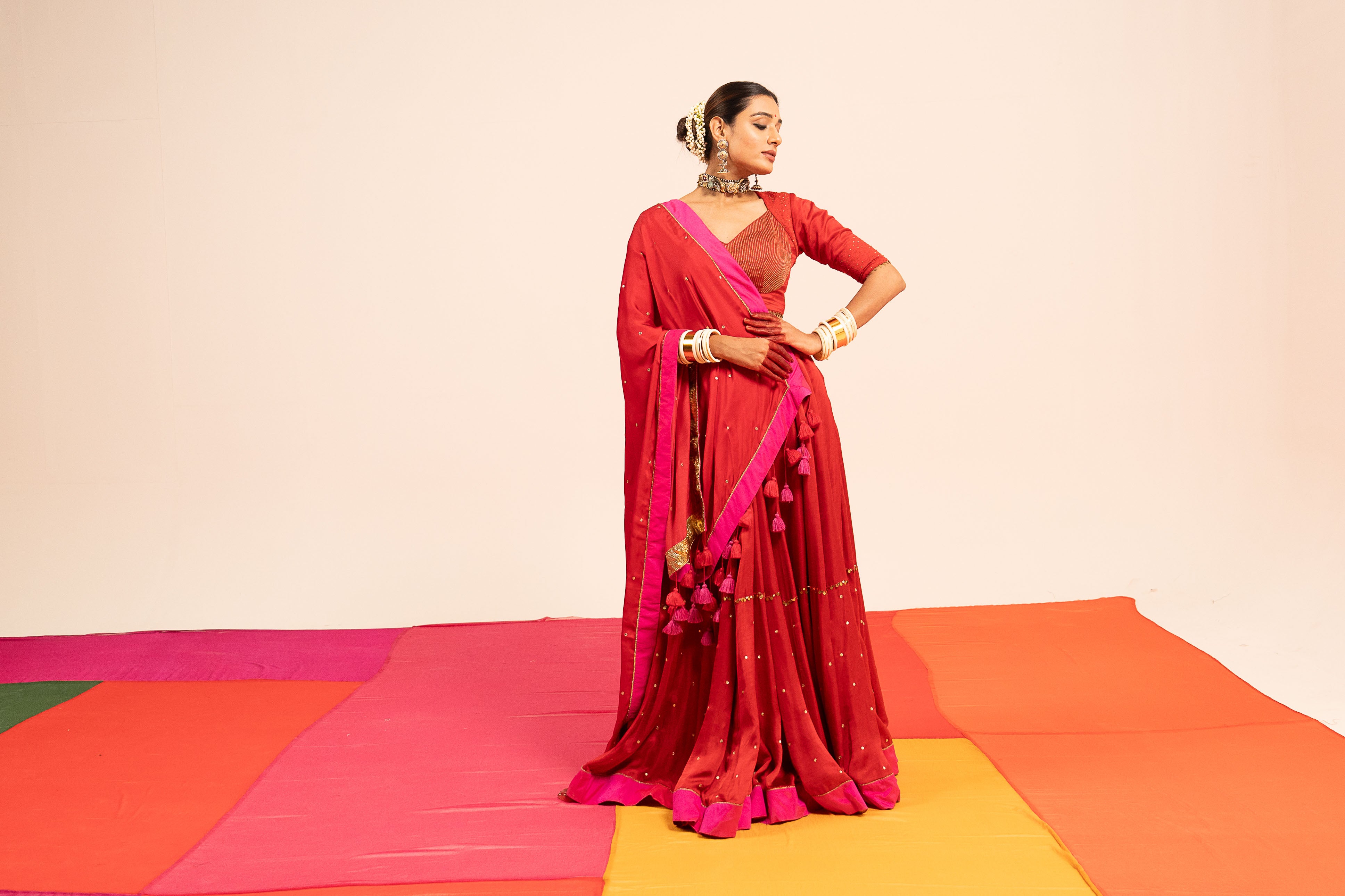 Red Linen Satin Lehenga Set