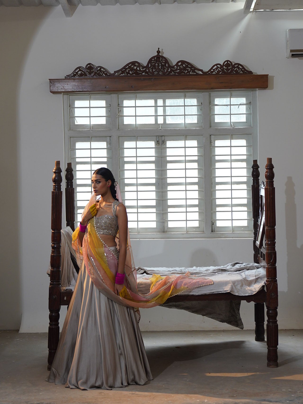 Grey Lehenga Set With Multi Coloured Dupatta