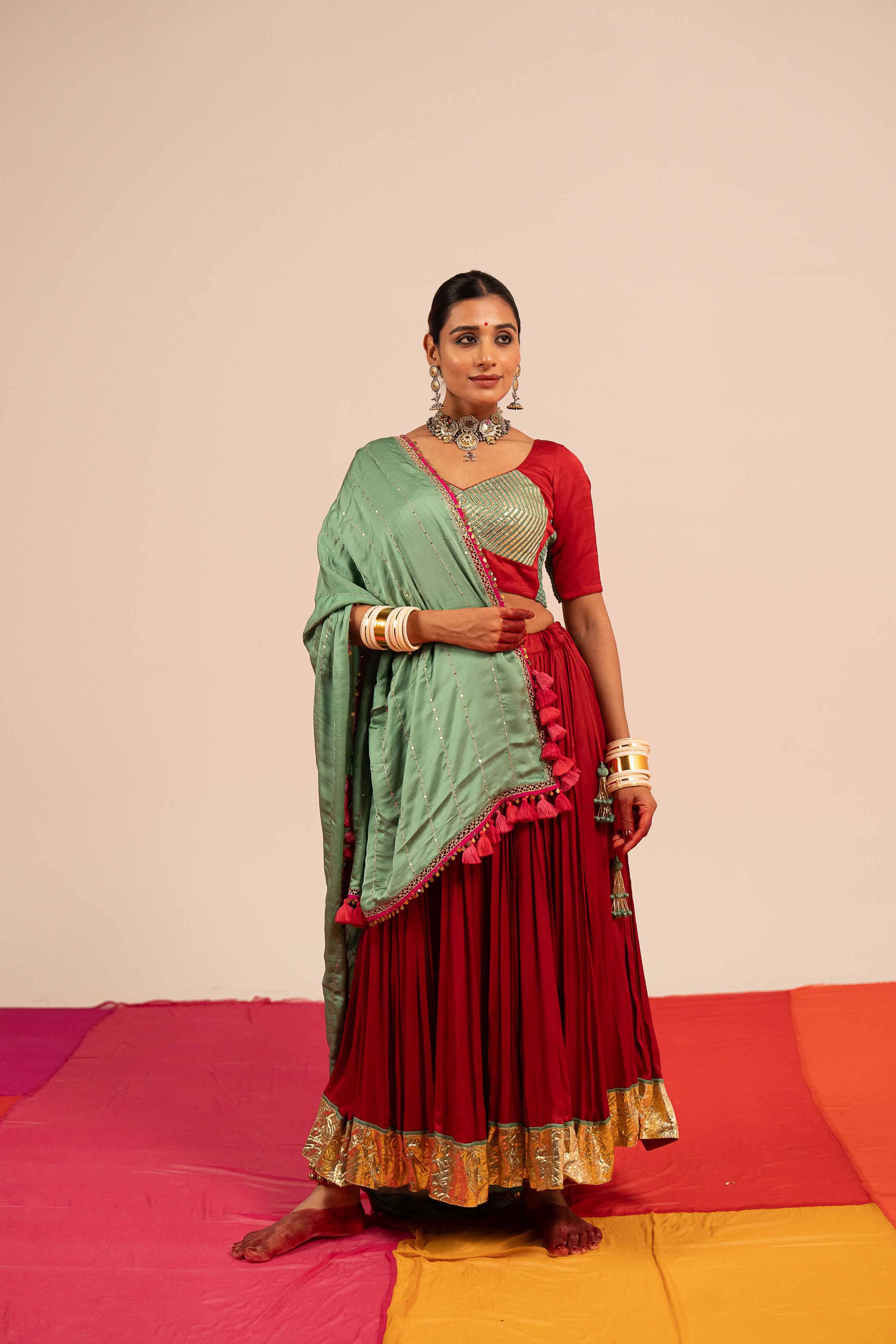 Red & Sea Green Lehenga Set