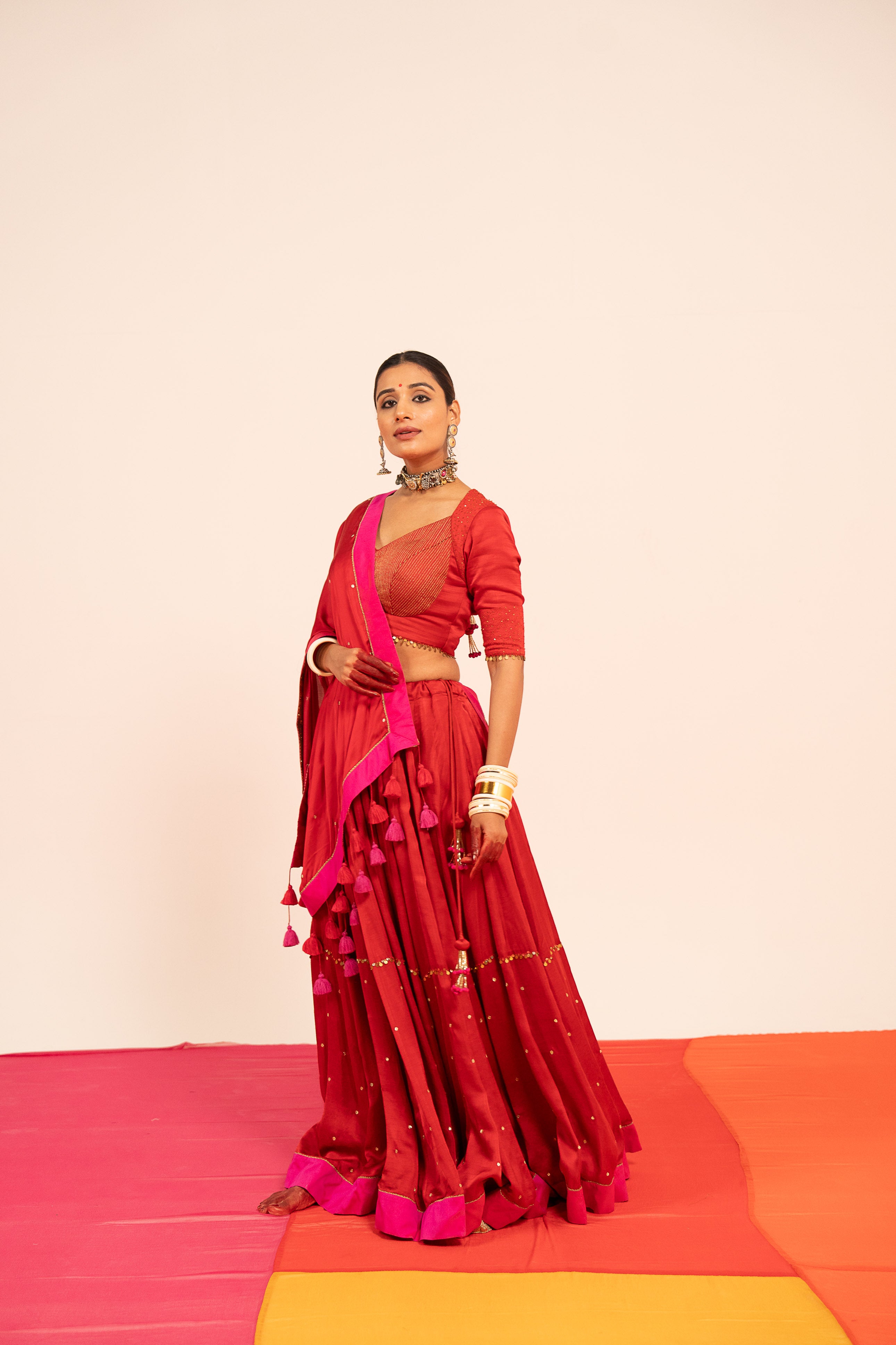 Red Linen Satin Lehenga Set