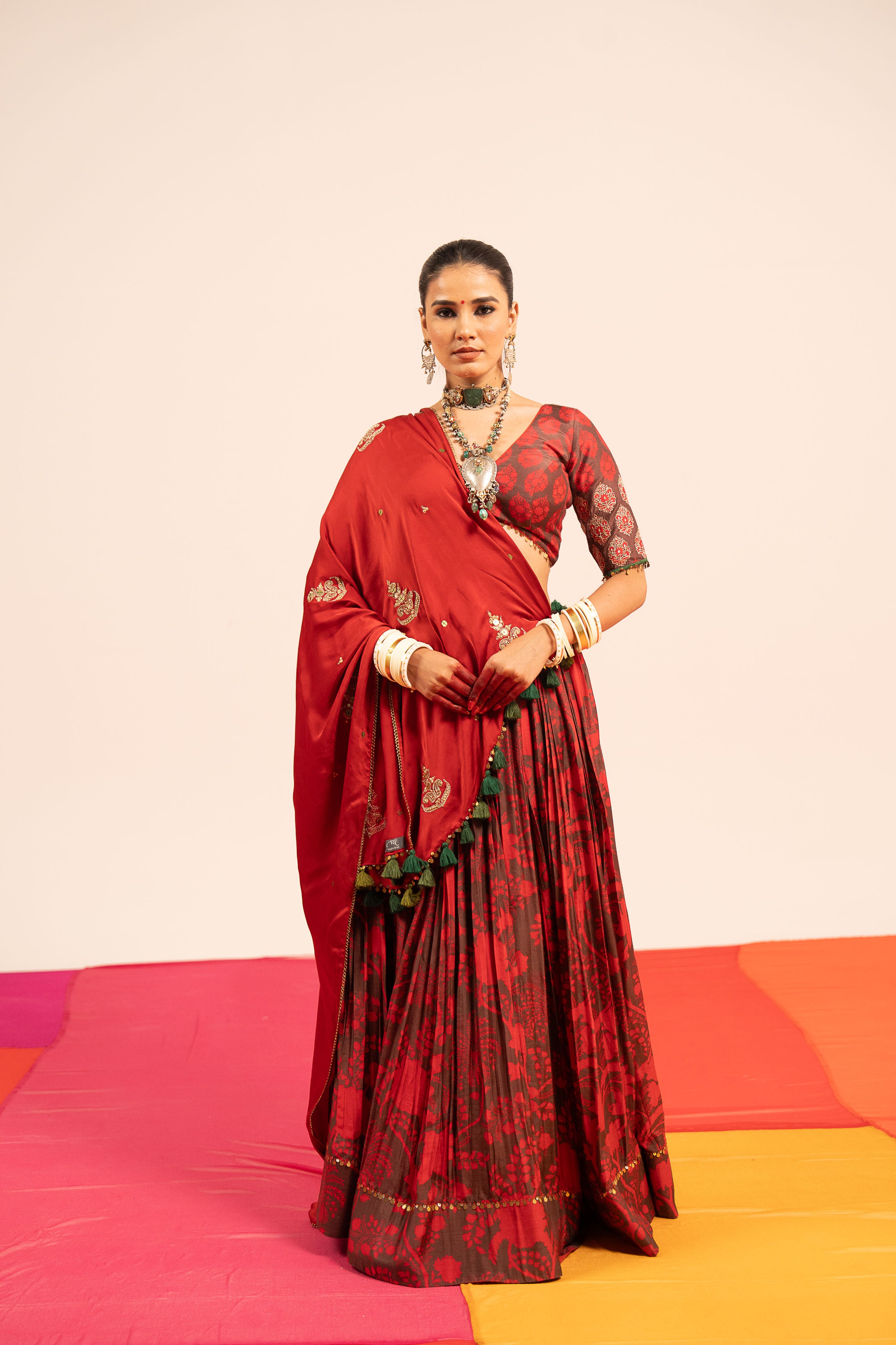 Brown Red Floral Lehenga Set