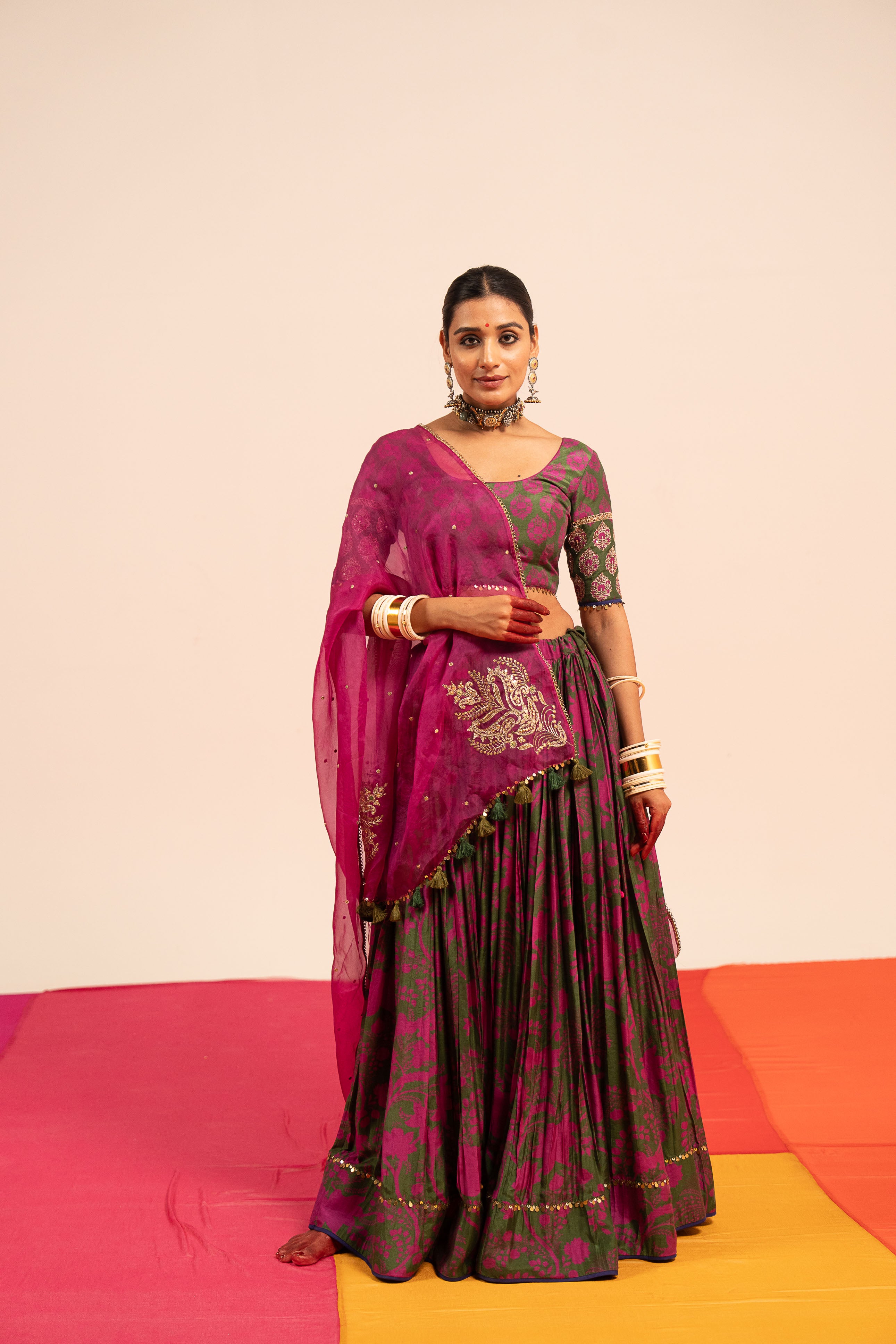 Dark Green Floral Lehenga Set