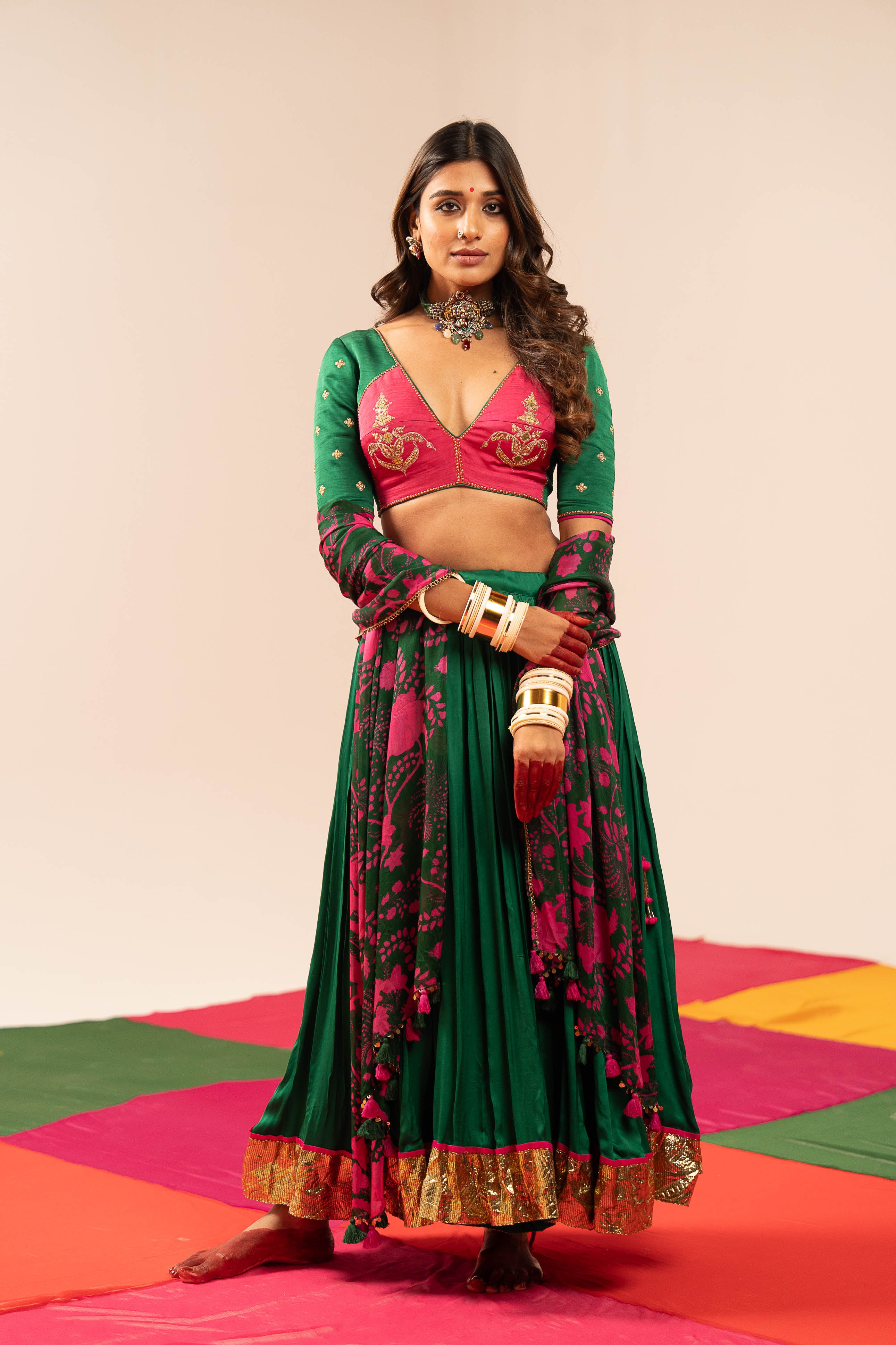 Dark Green- Pink Lehenga Set
