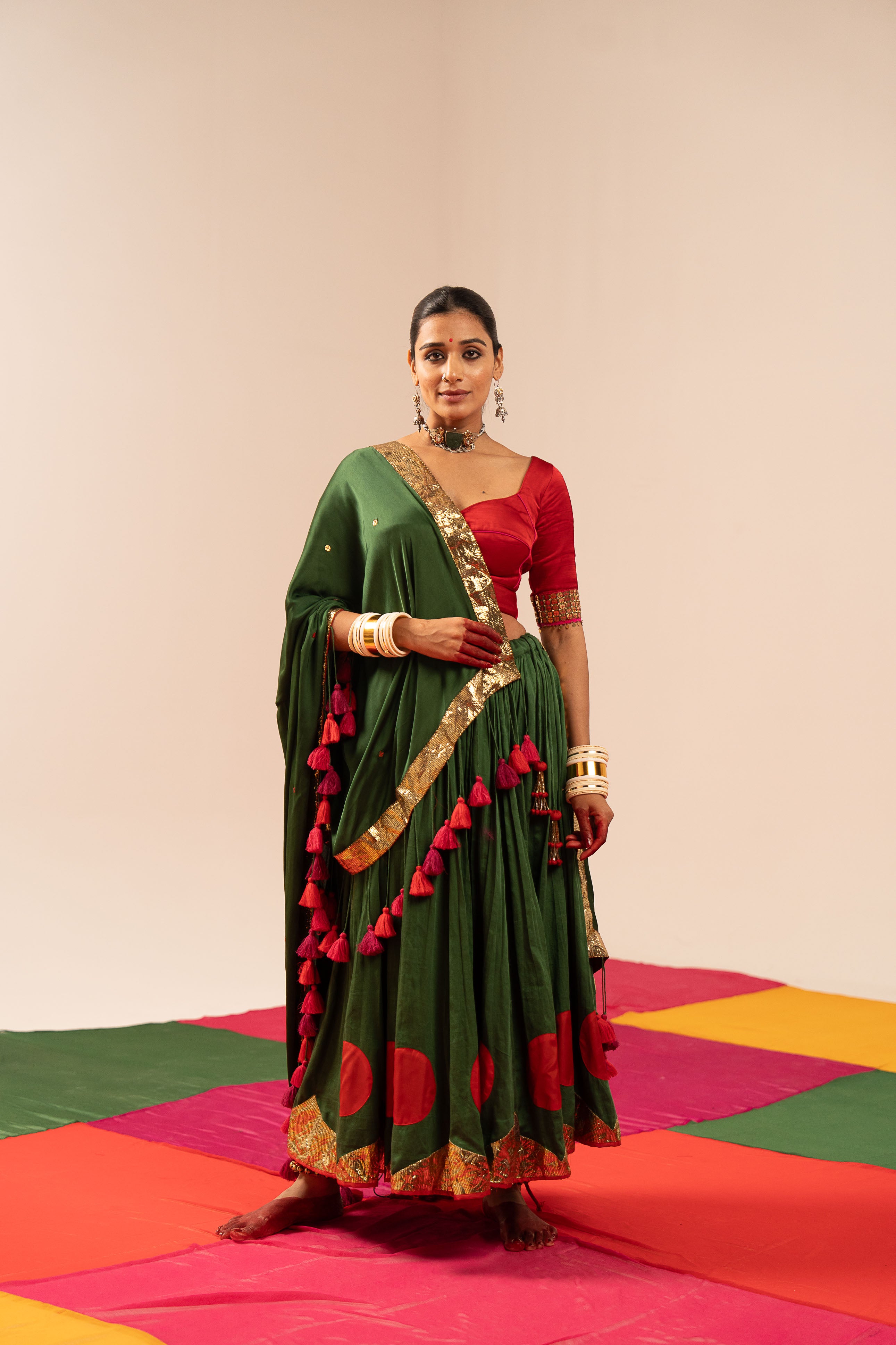 Red & Mahendi Green Lehenga Set
