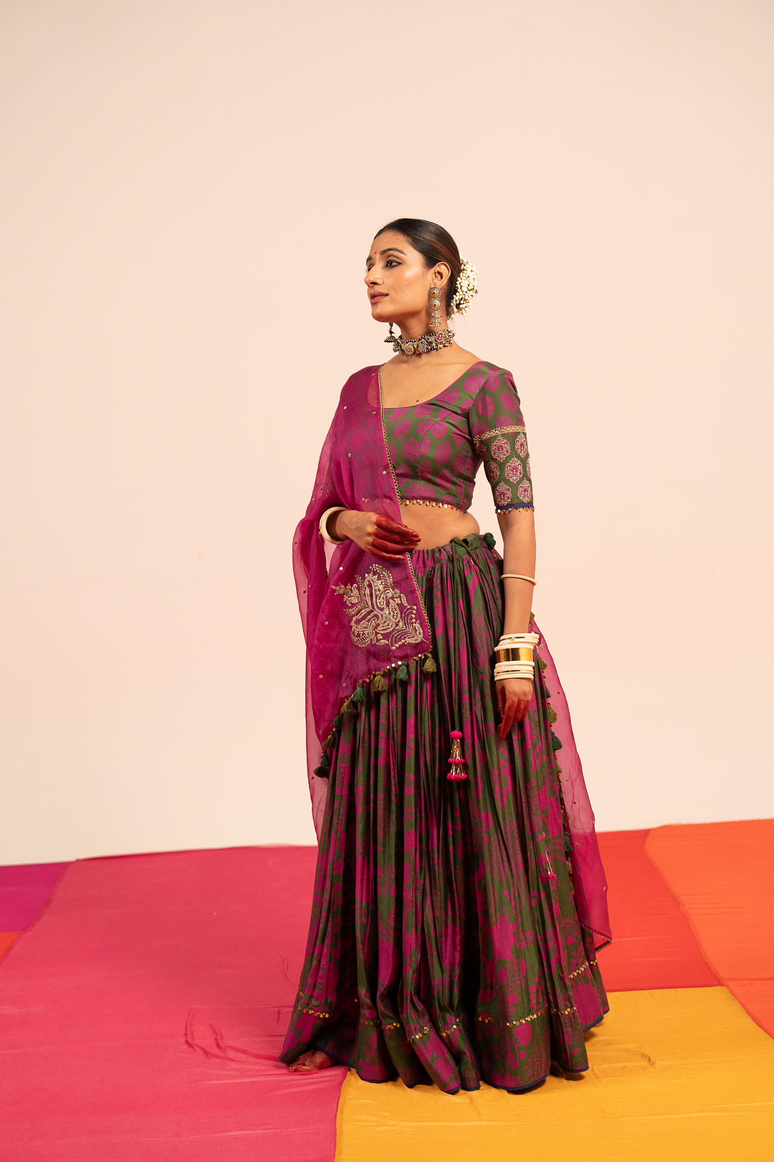 Dark Green Floral Lehenga Set