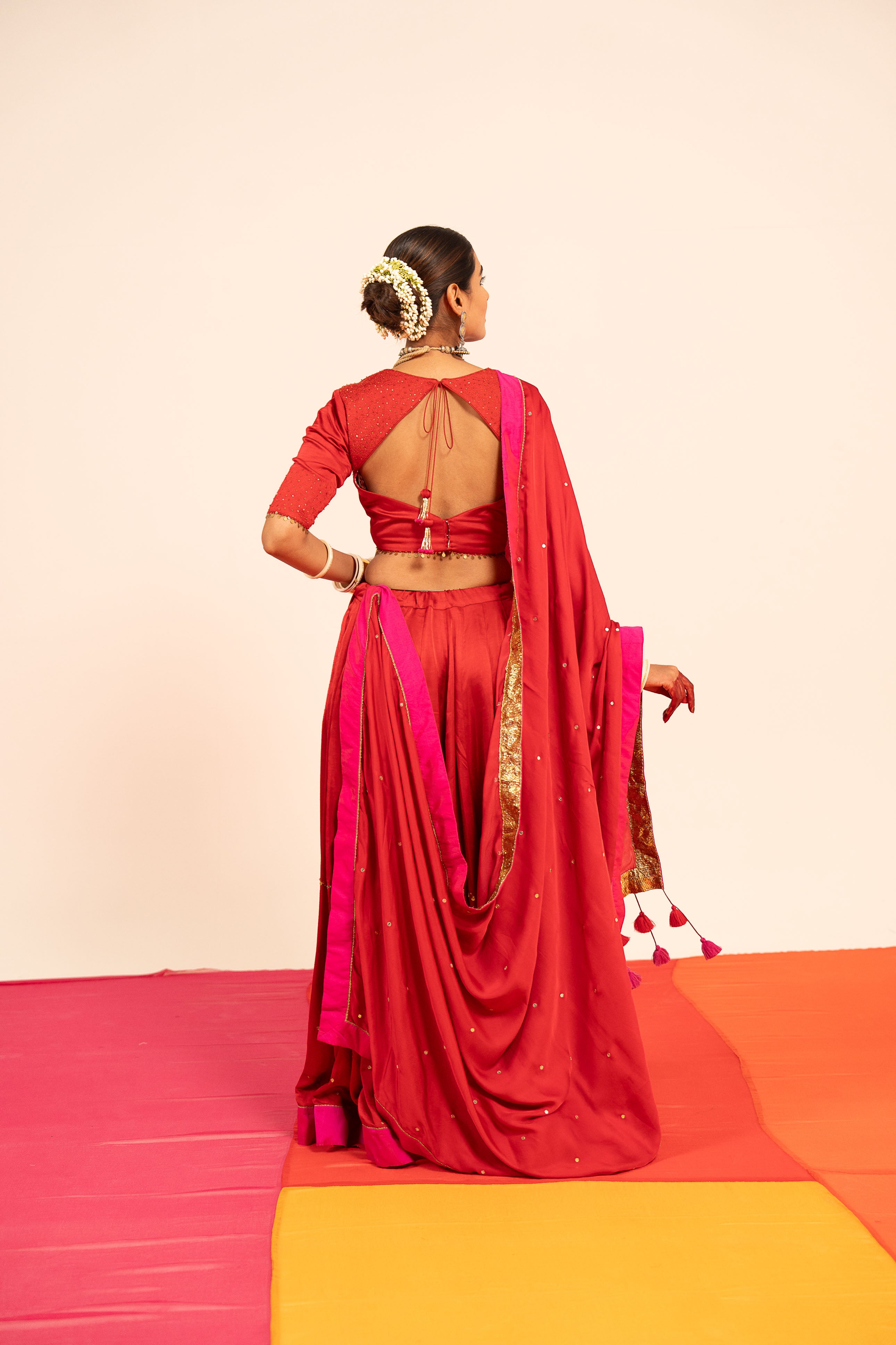 Red Linen Satin Lehenga Set