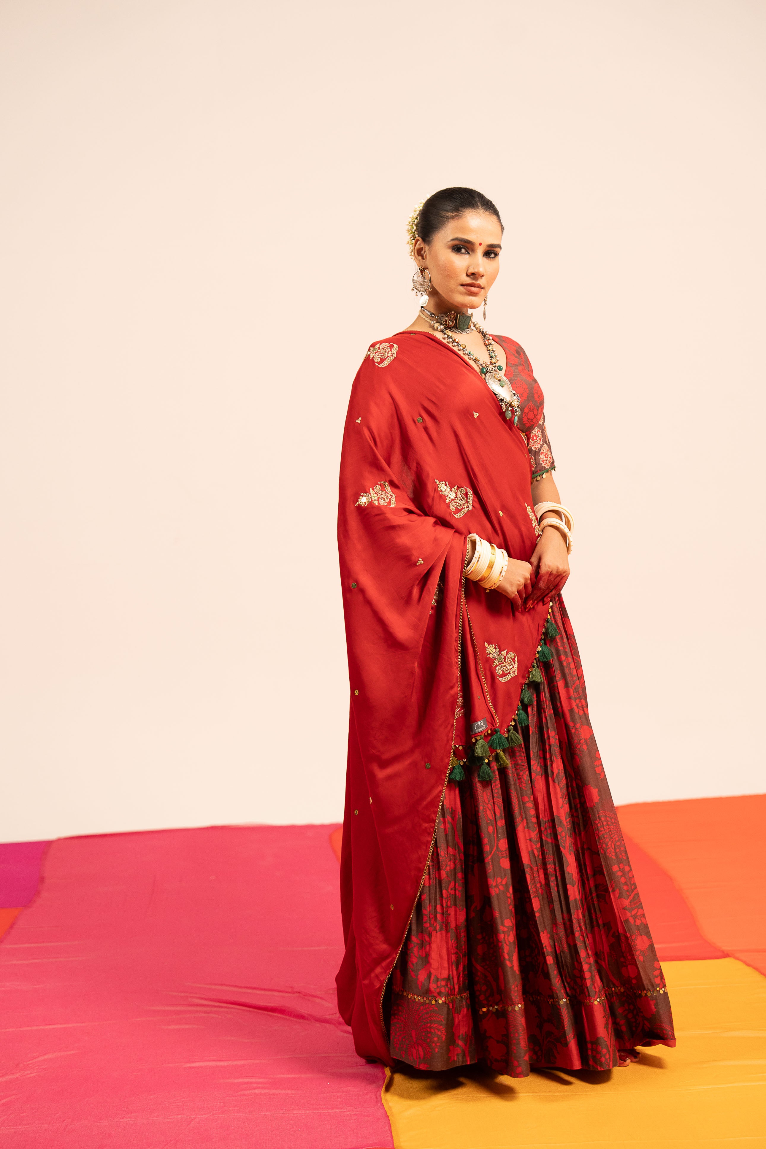 Brown Red Floral Lehenga Set