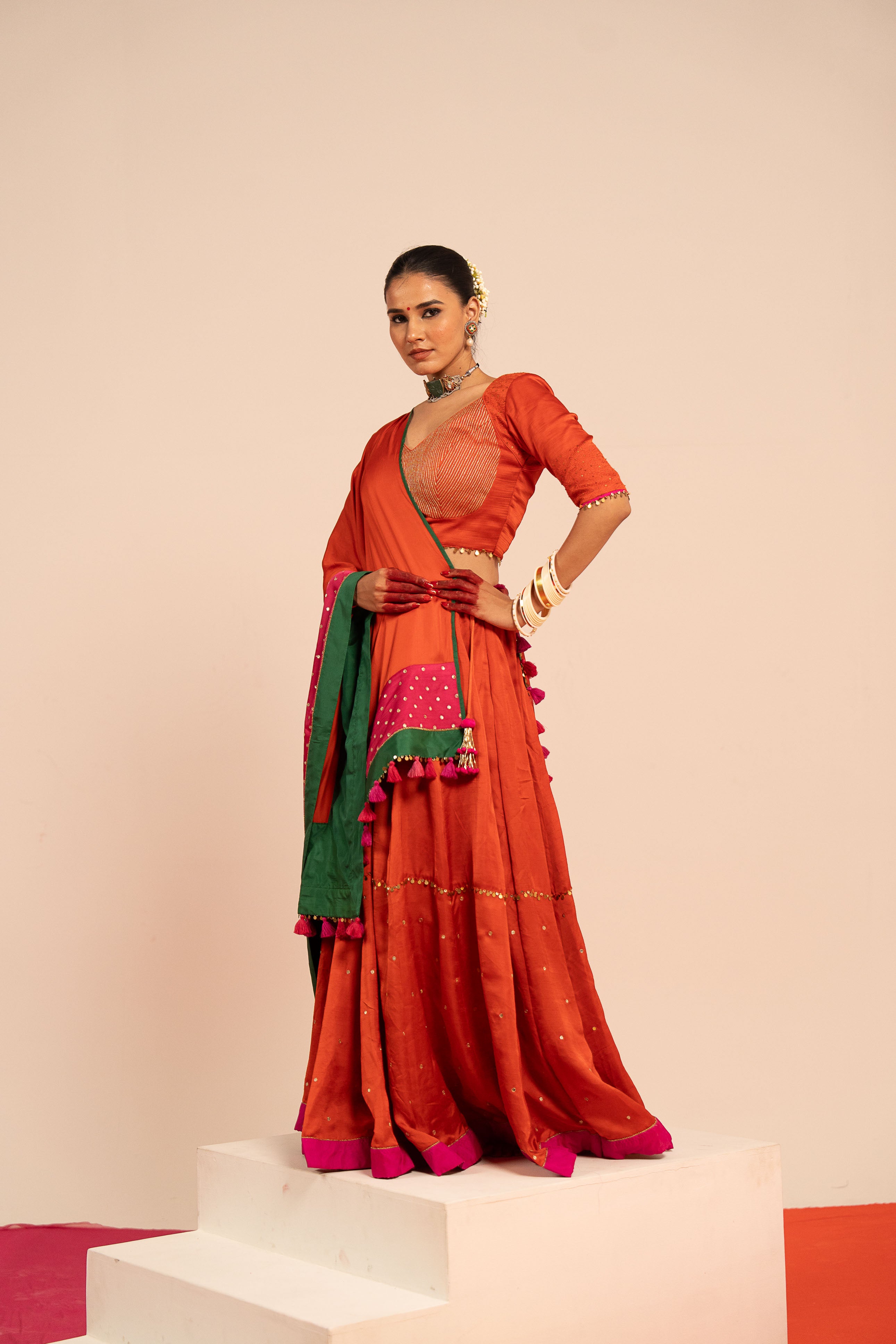Orange Satin Lehenga Set