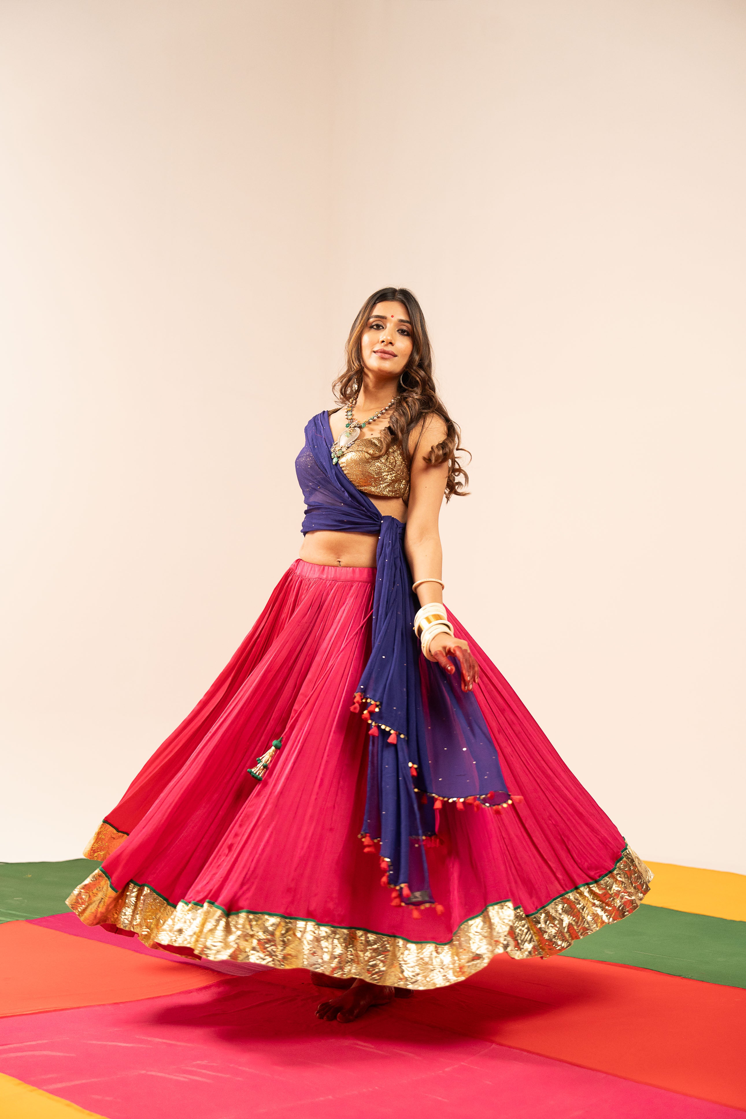 Dark Blue & Pink Lehenga Set