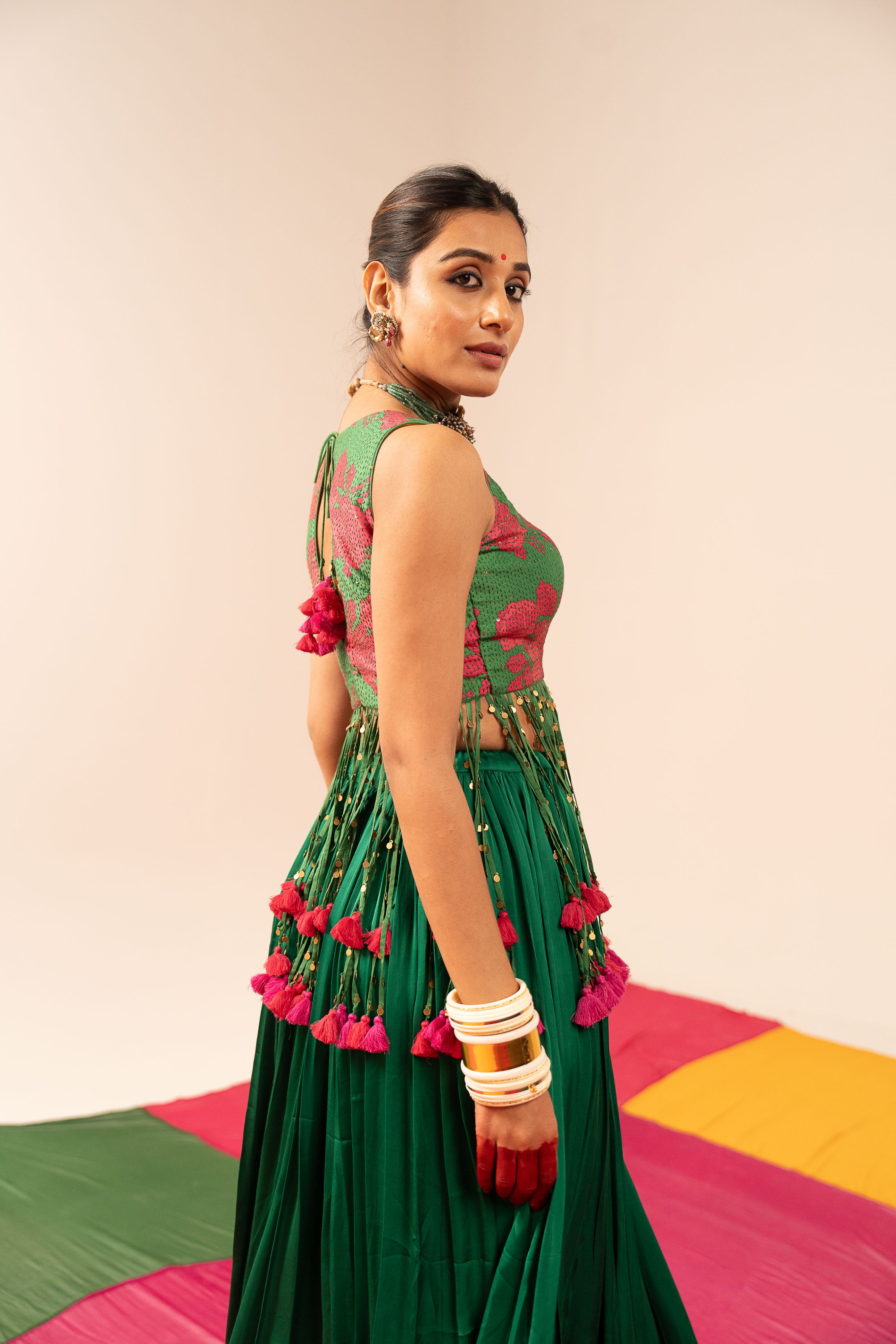 Dark Green Floral Lehenga Set