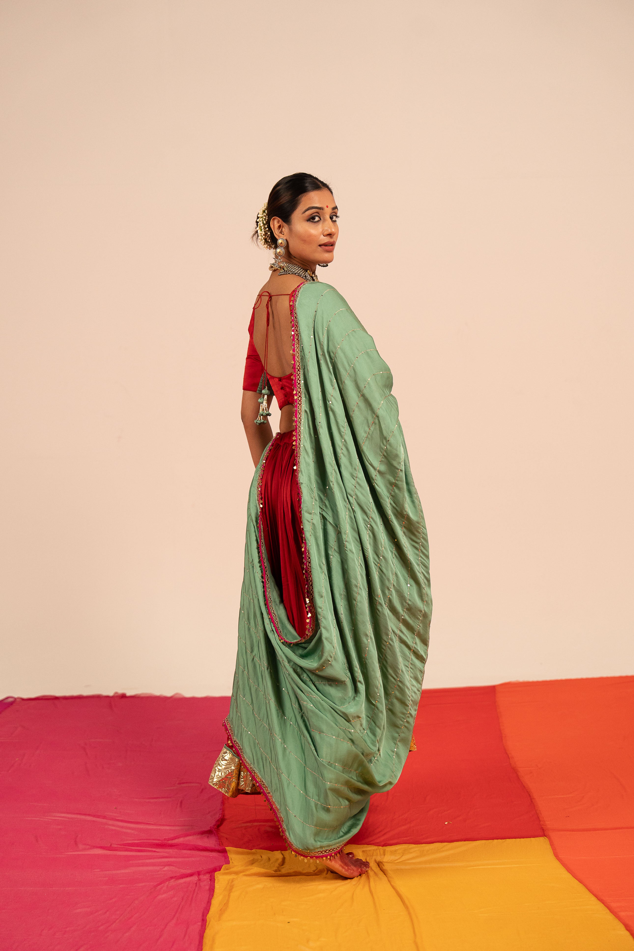 Red & Sea Green Lehenga Set