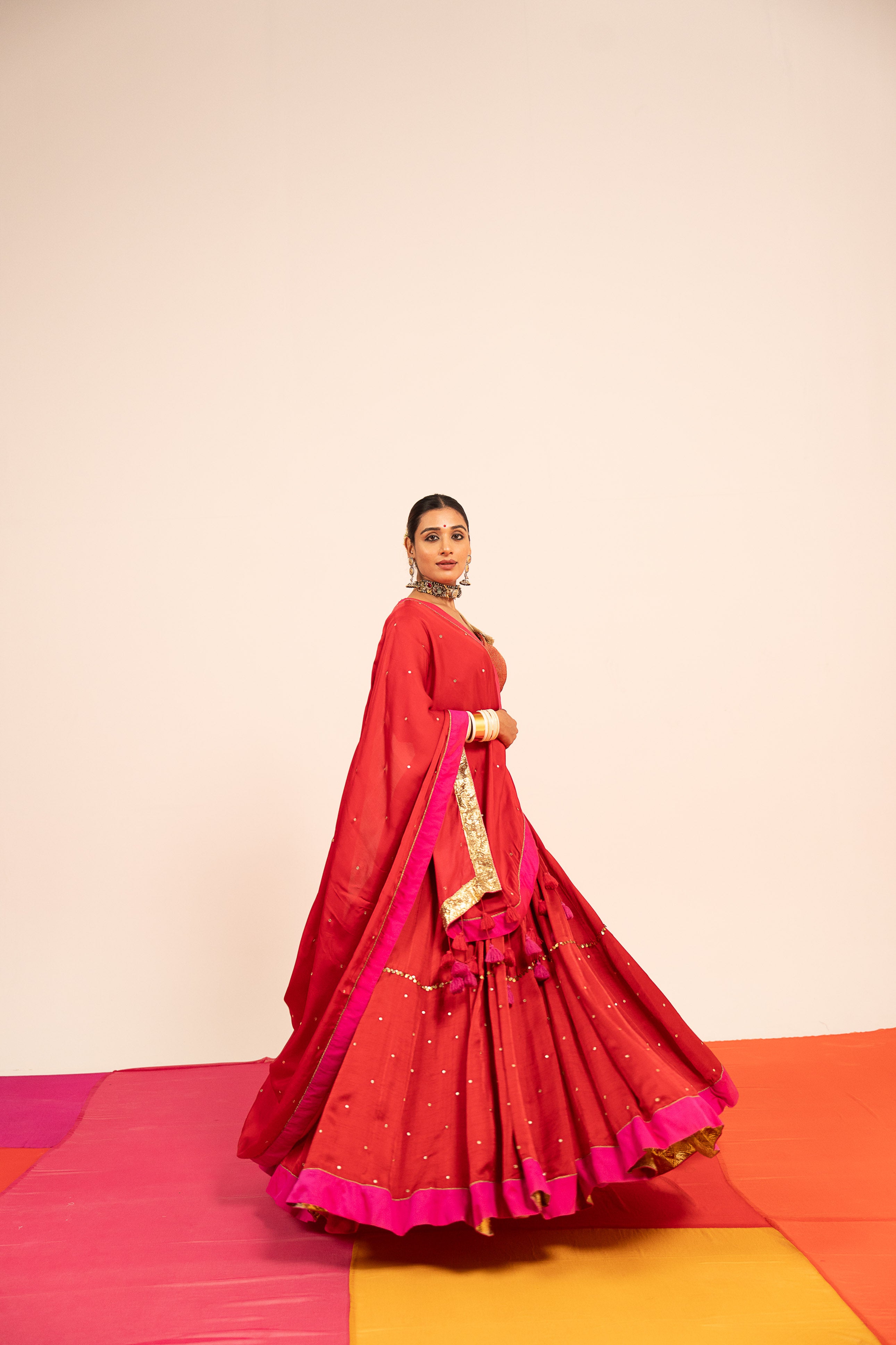 Red Linen Satin Lehenga Set