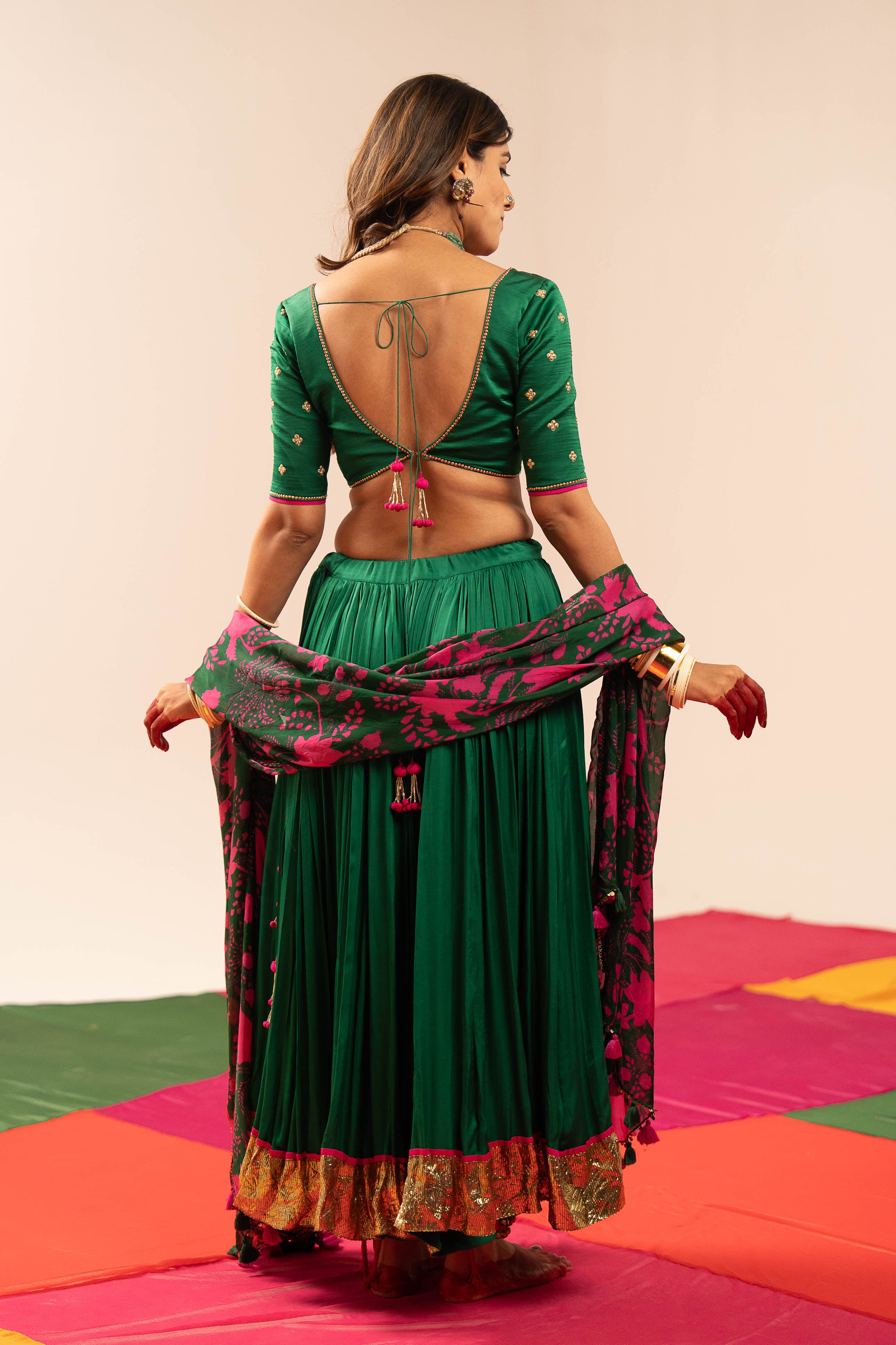 Dark Green- Pink Lehenga Set