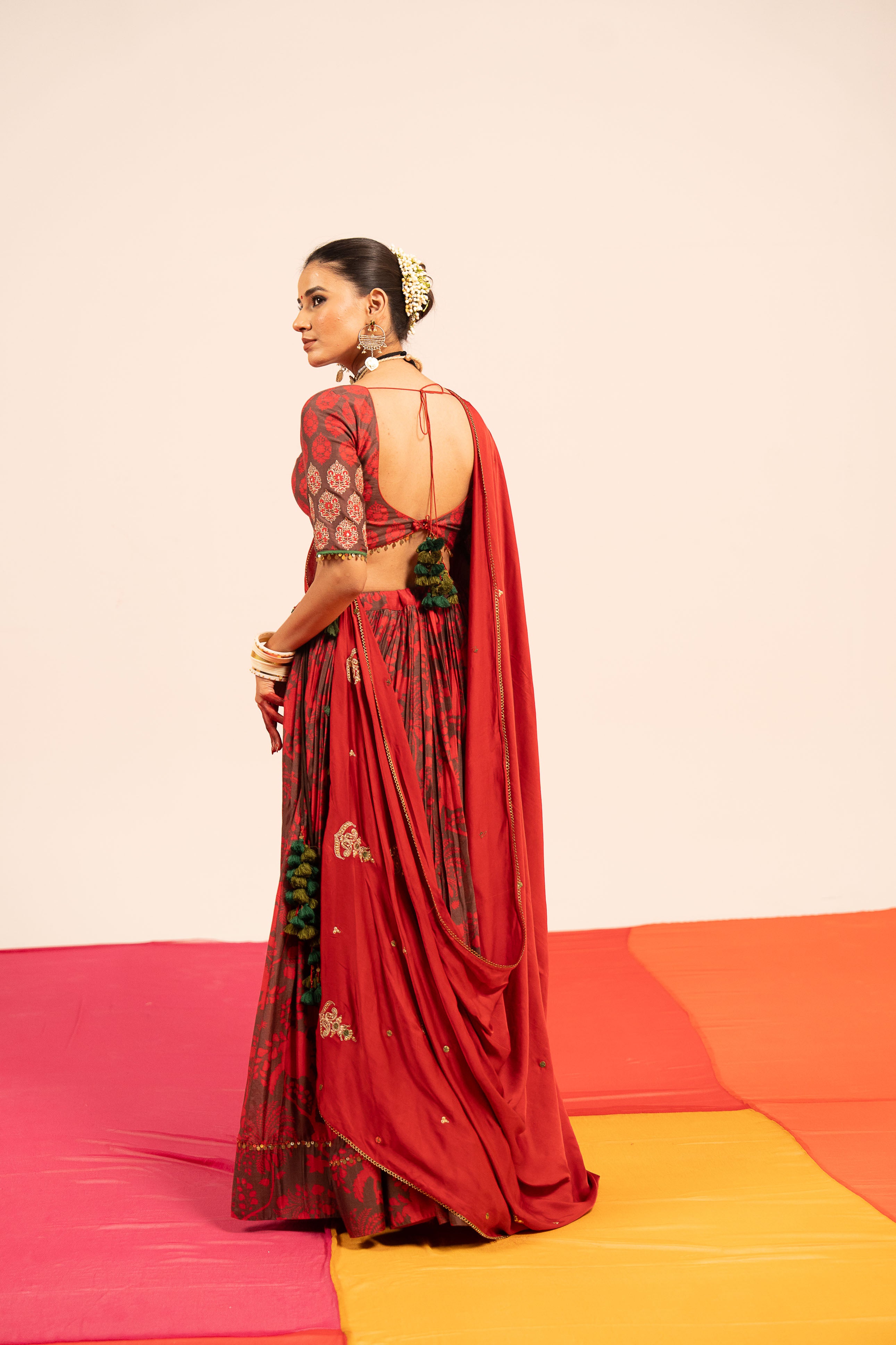 Brown Red Floral Lehenga Set