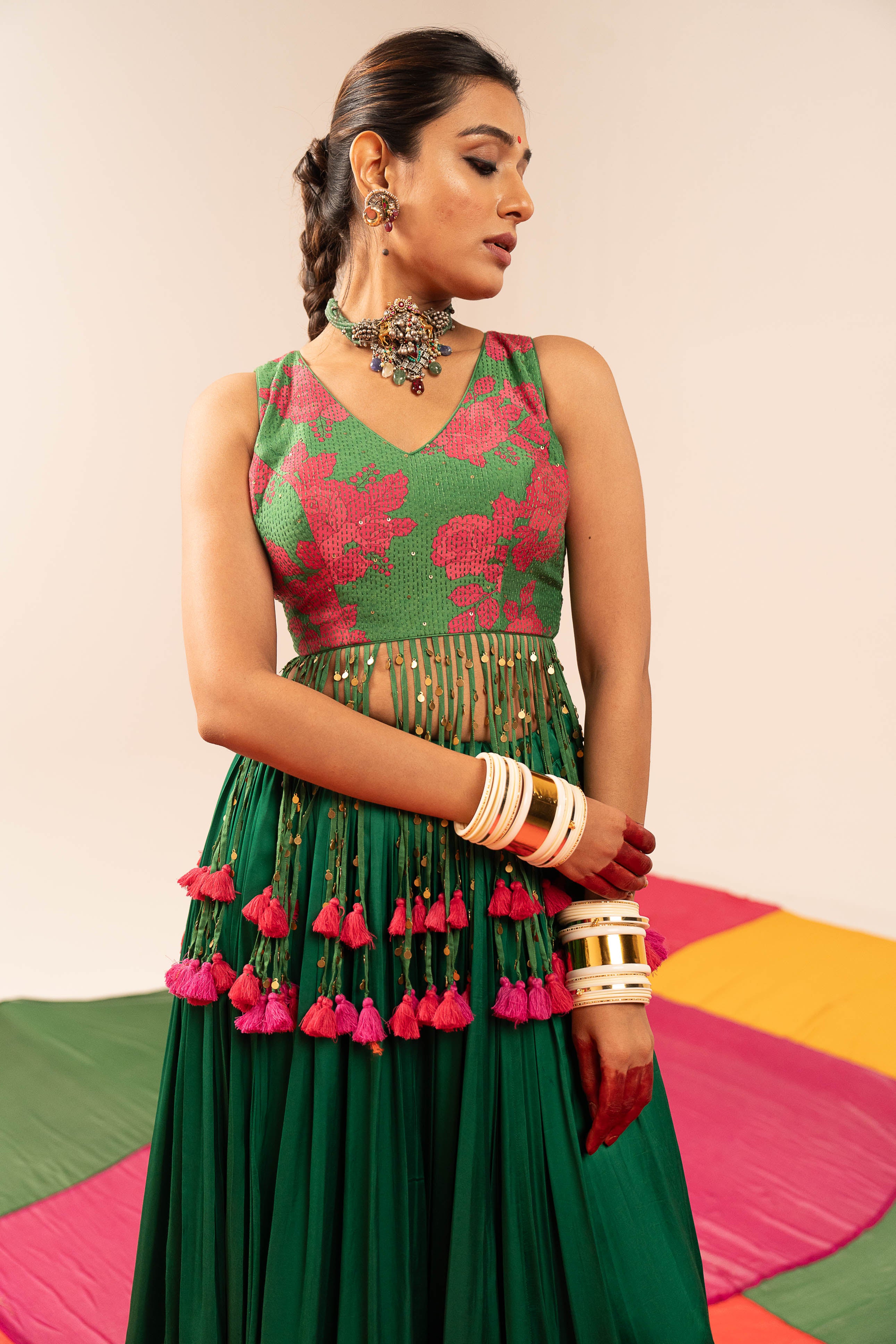 Dark Green Floral Lehenga Set