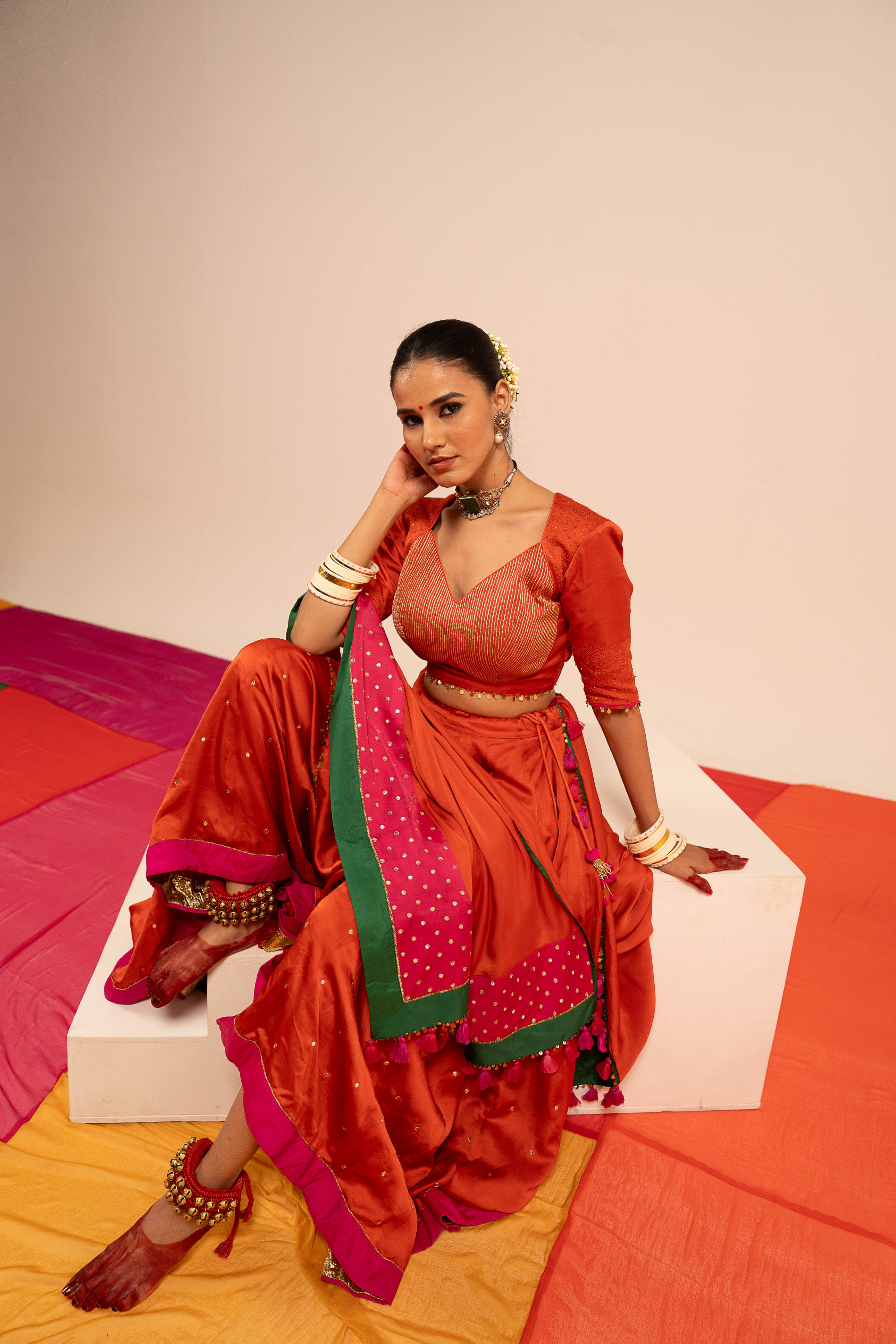 Orange Satin Lehenga Set
