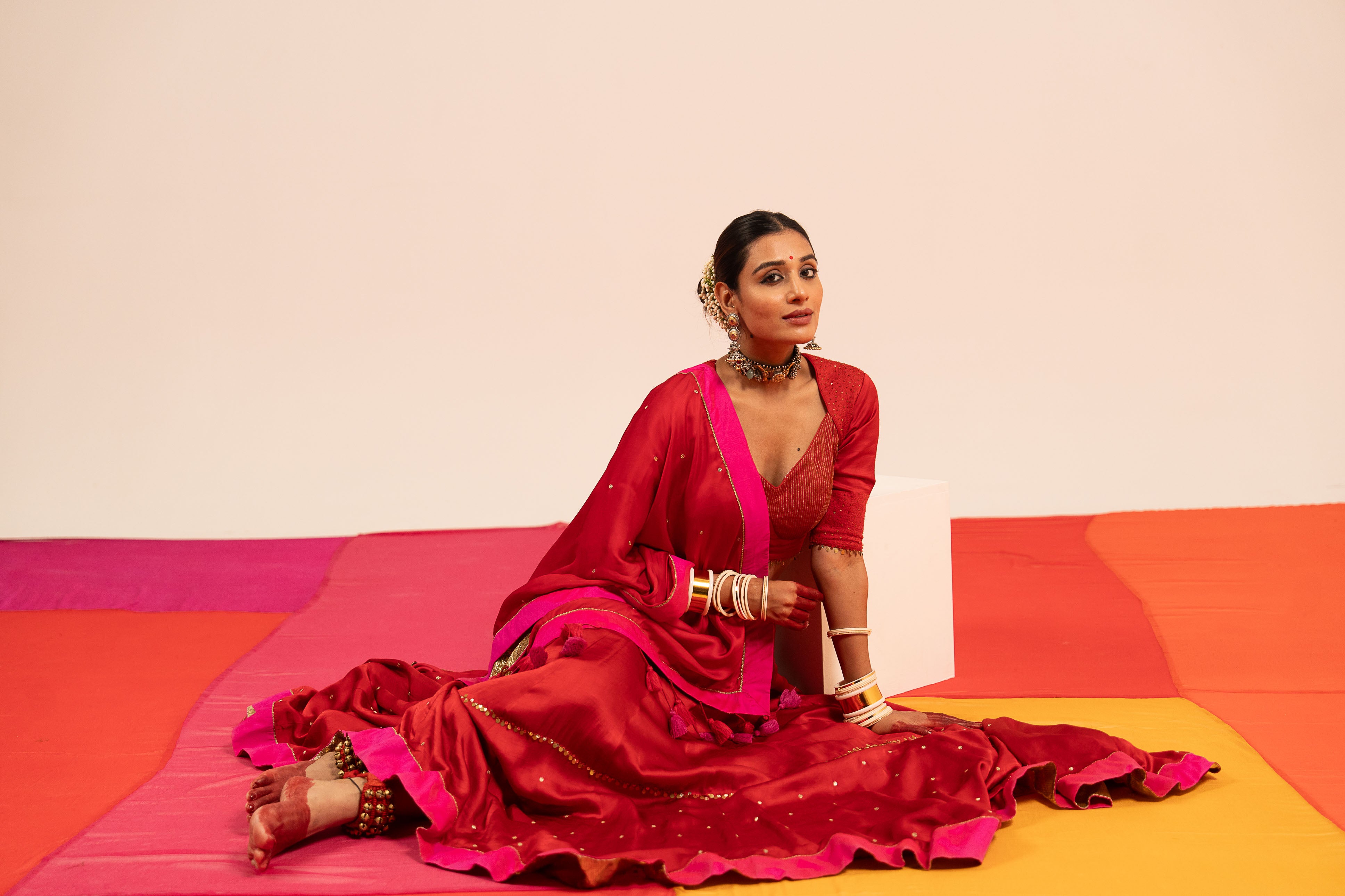 Red Linen Satin Lehenga Set