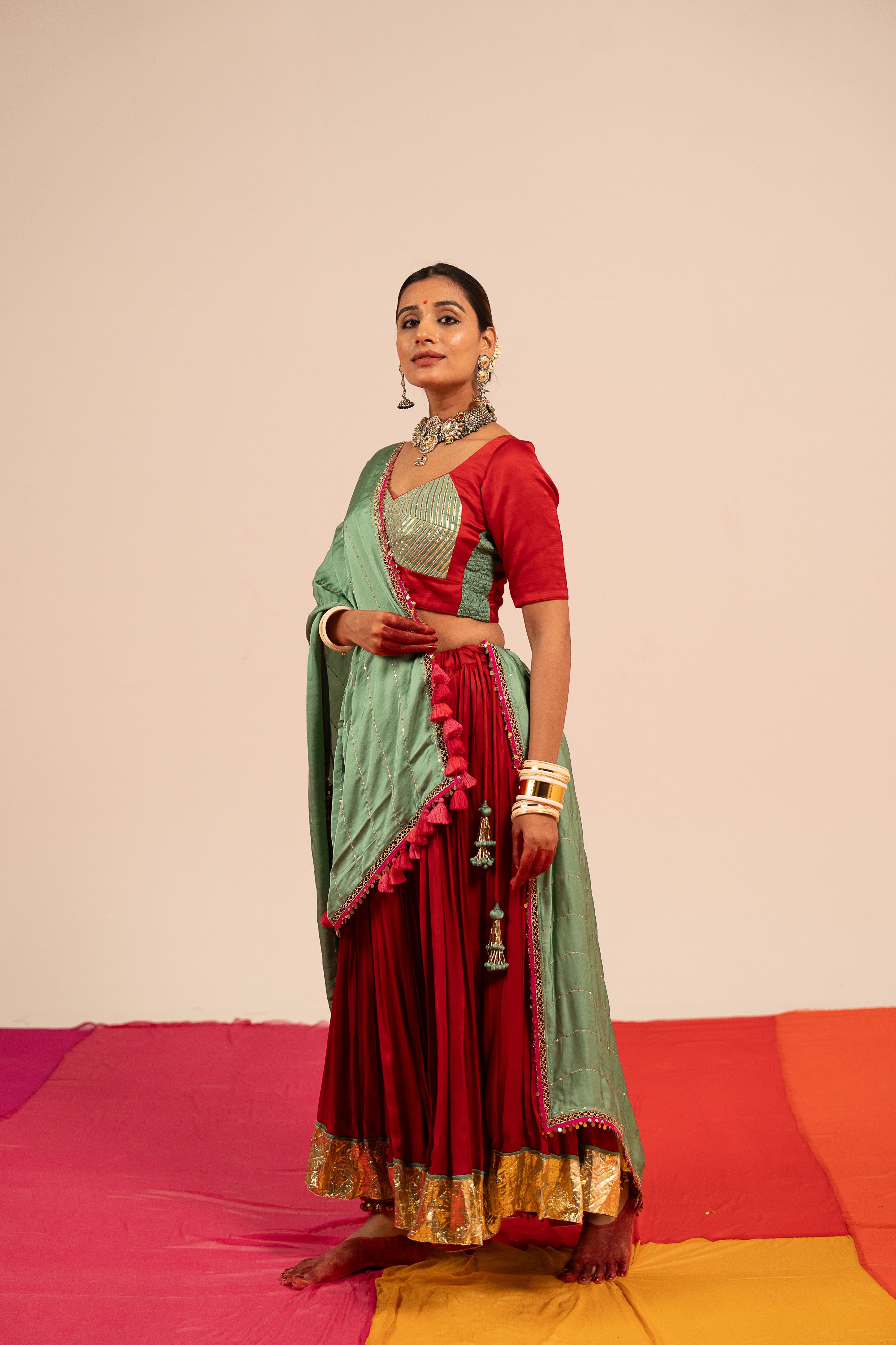 Red & Sea Green Lehenga Set