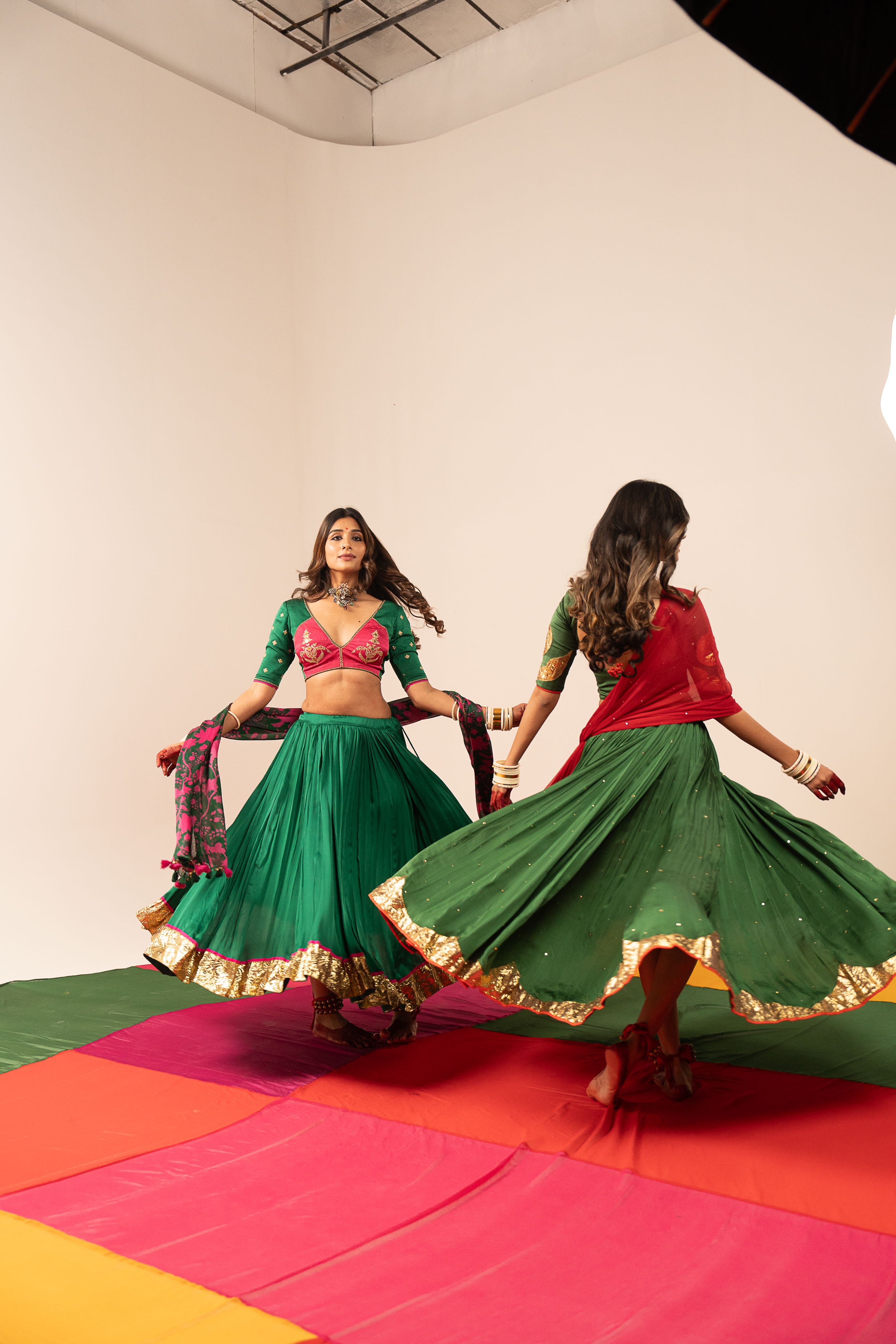 Dark Green- Pink Lehenga Set
