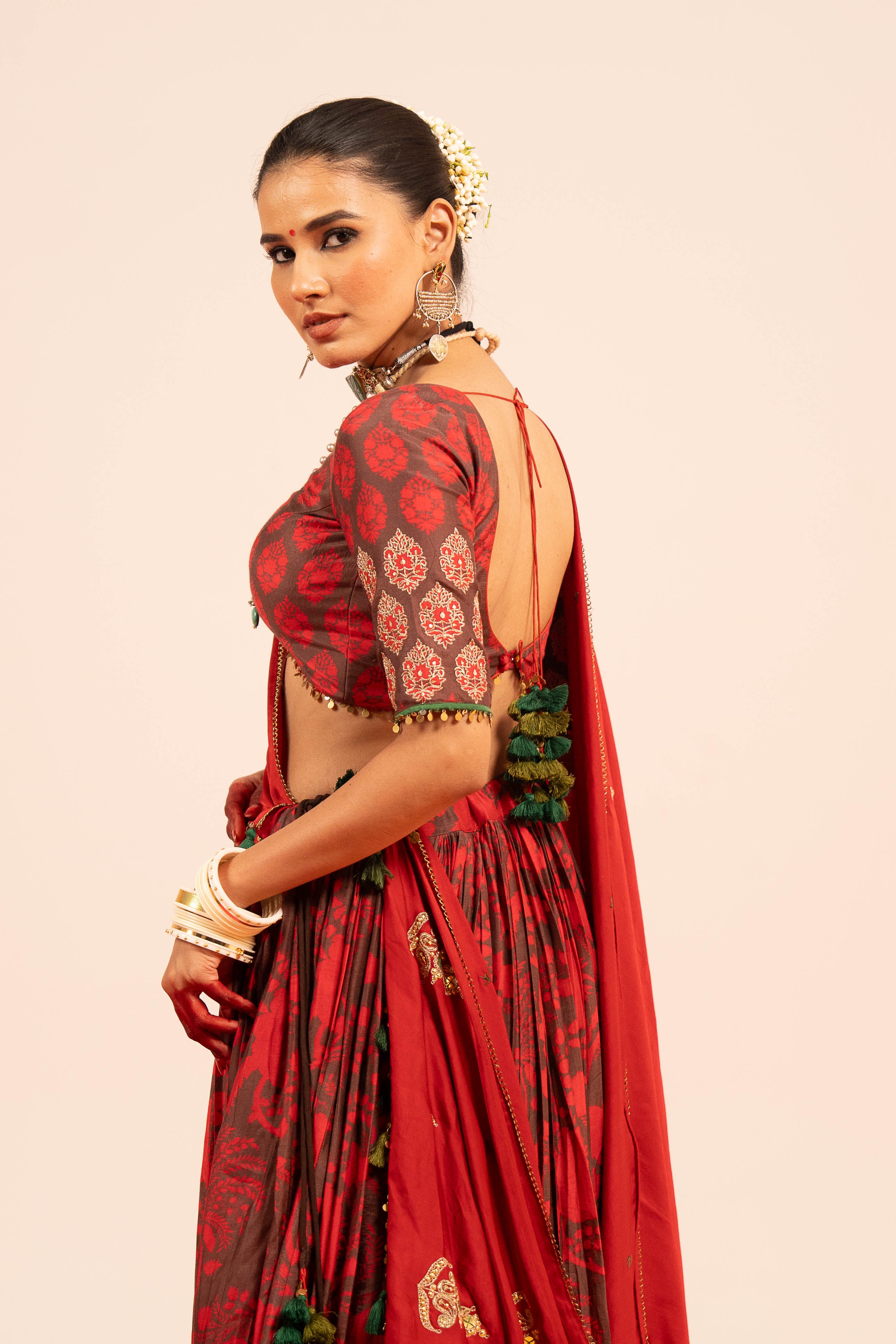 Brown Red Floral Lehenga Set