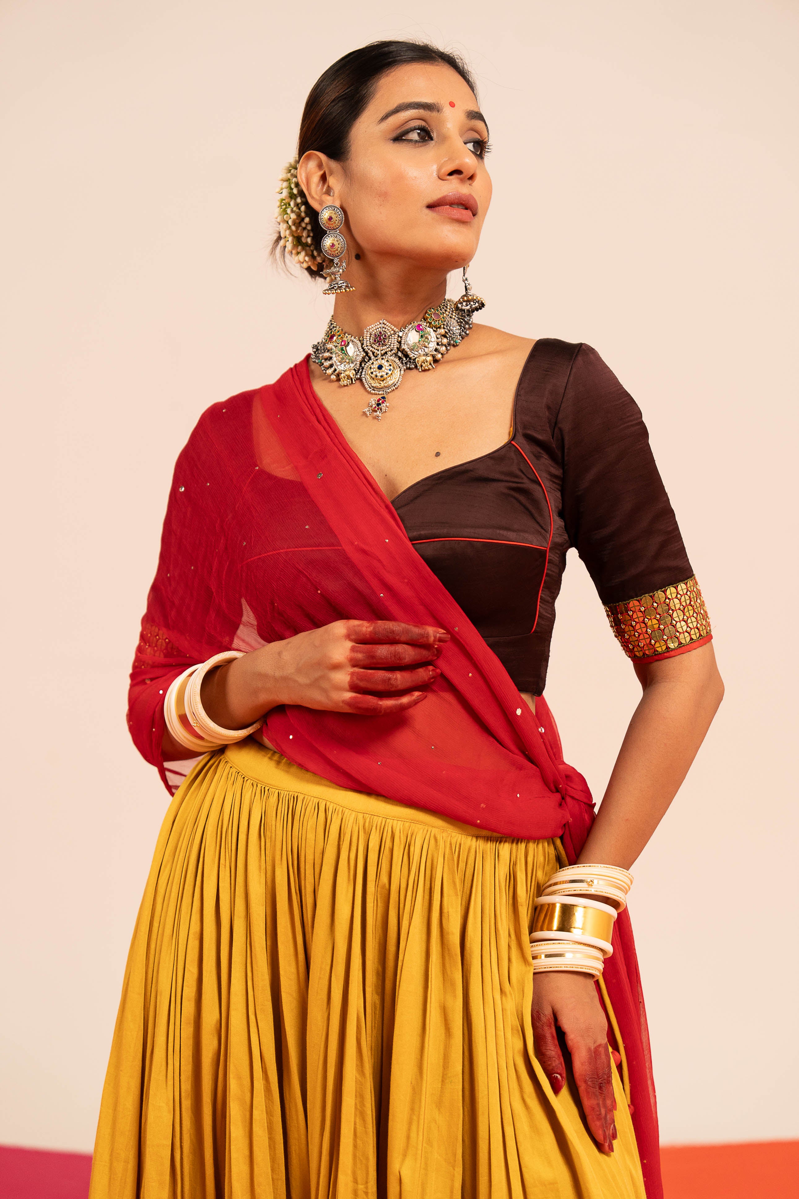 Yellow Brown Lehenga Set