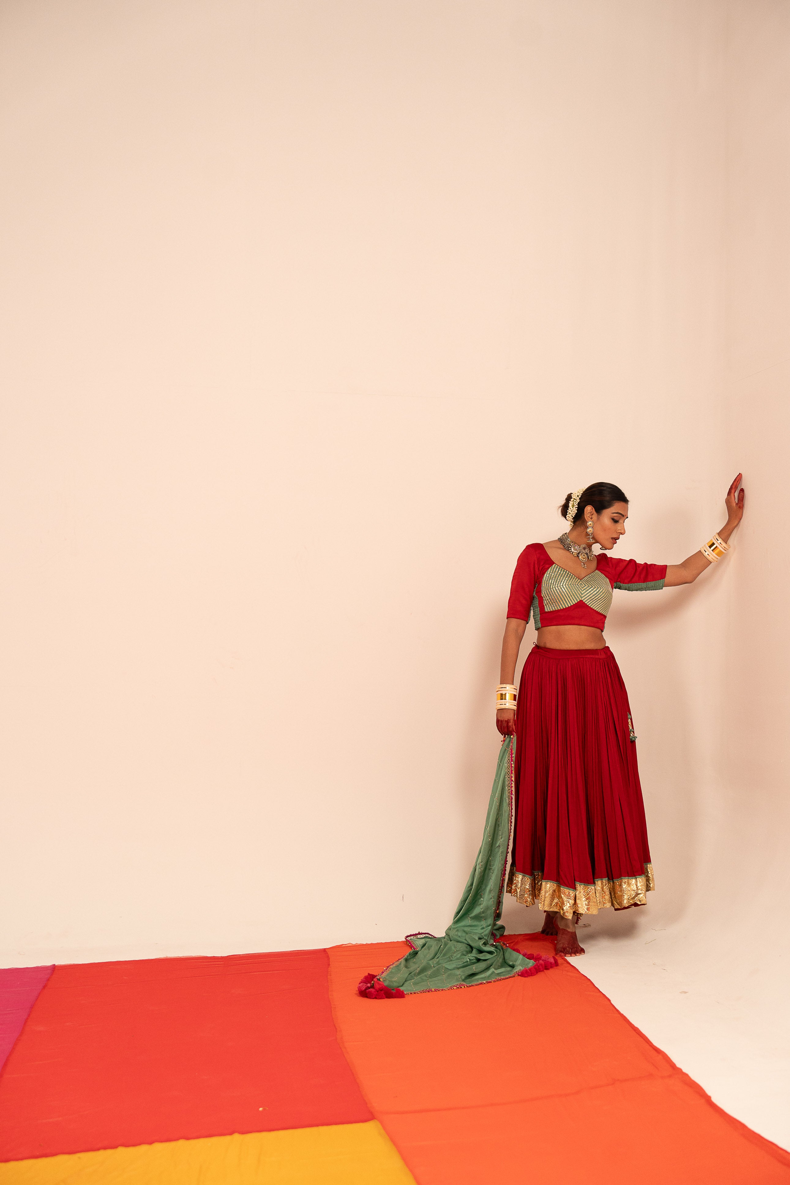 Red & Sea Green Lehenga Set