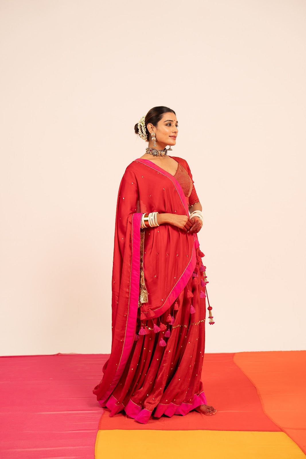 Red Linen Satin Lehenga Set