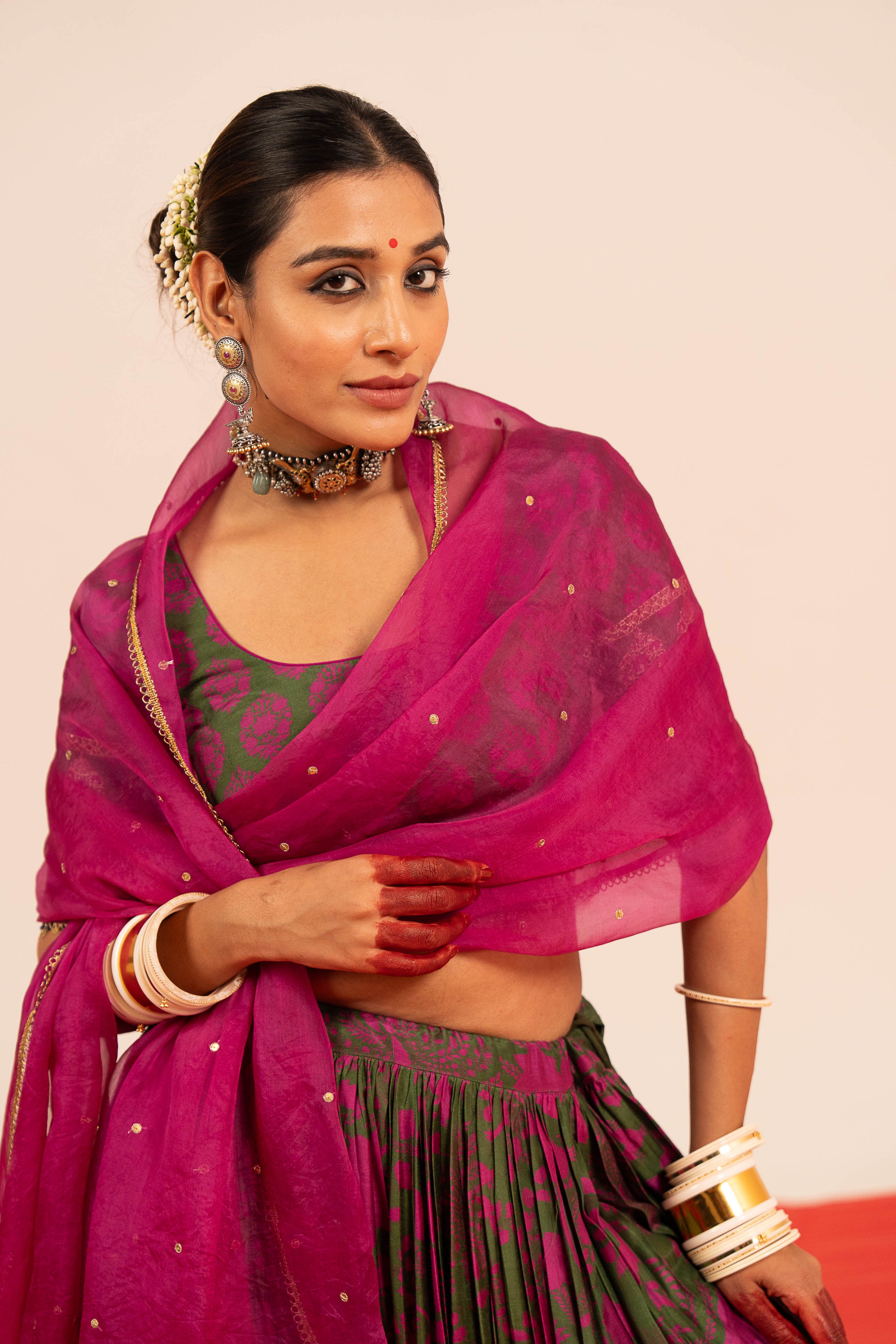 Dark Green Floral Lehenga Set