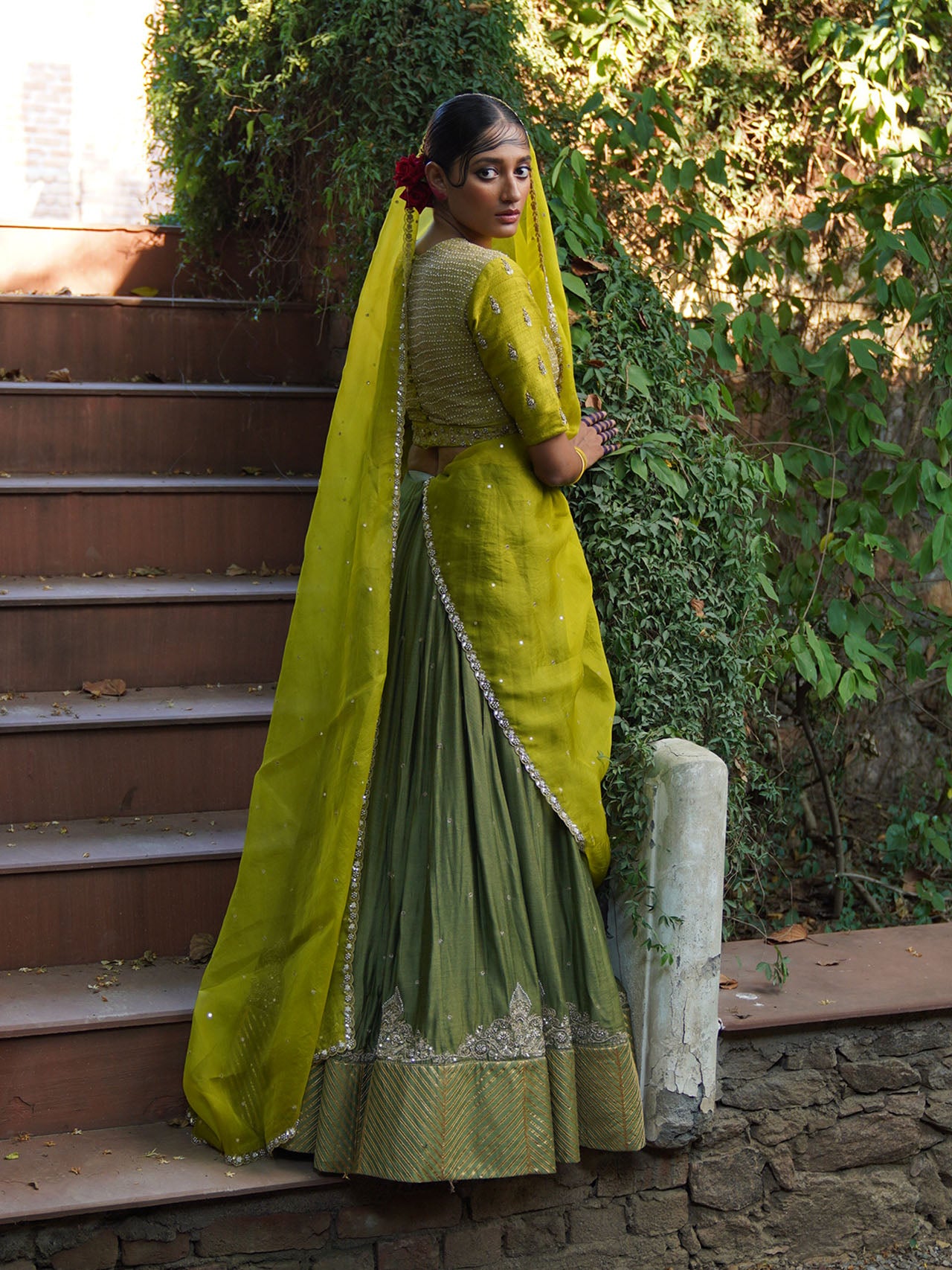 Lime And Olive Green Lehenga Set