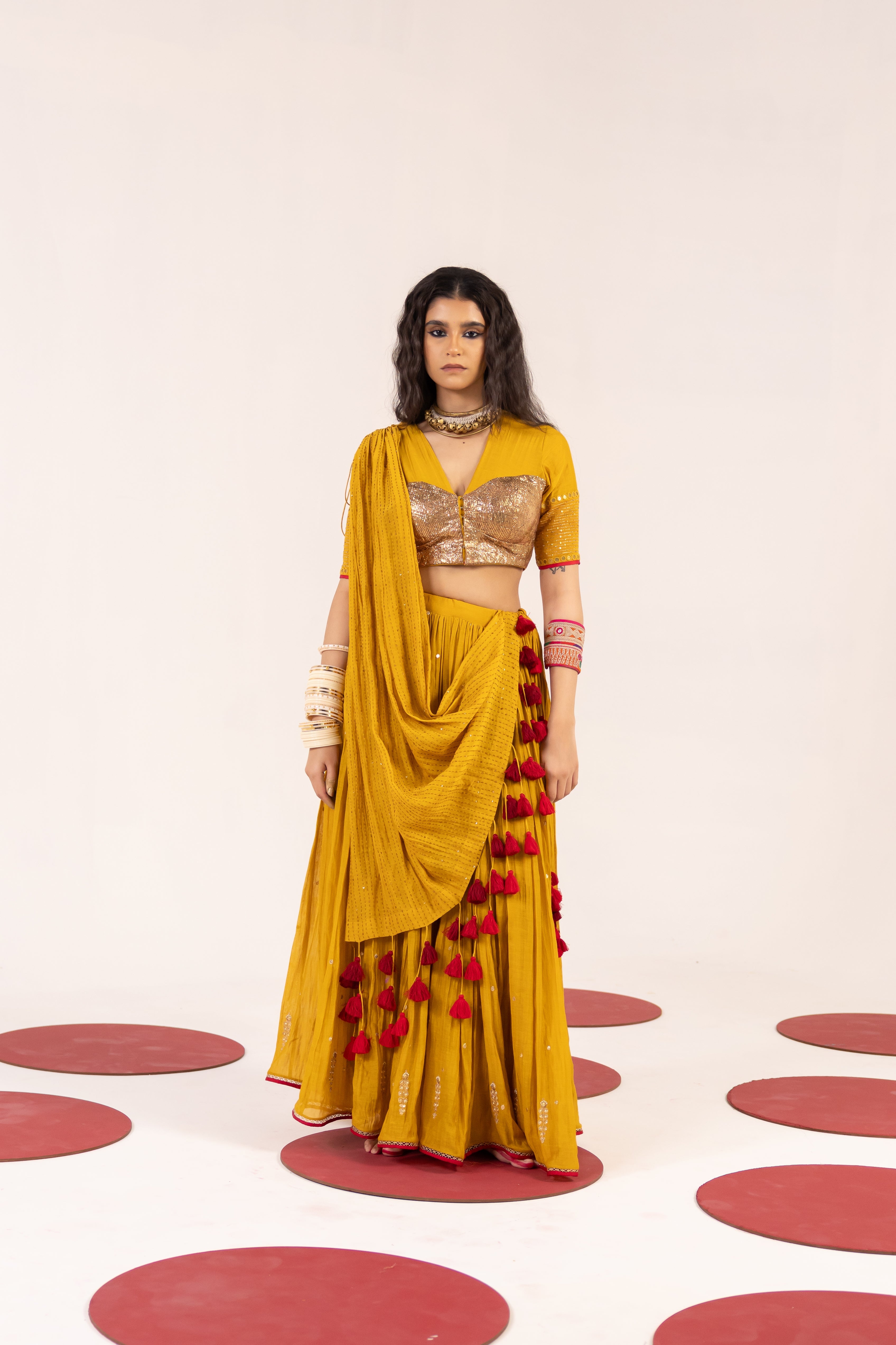 MUSTARD CHANDERI LEHENGA SET