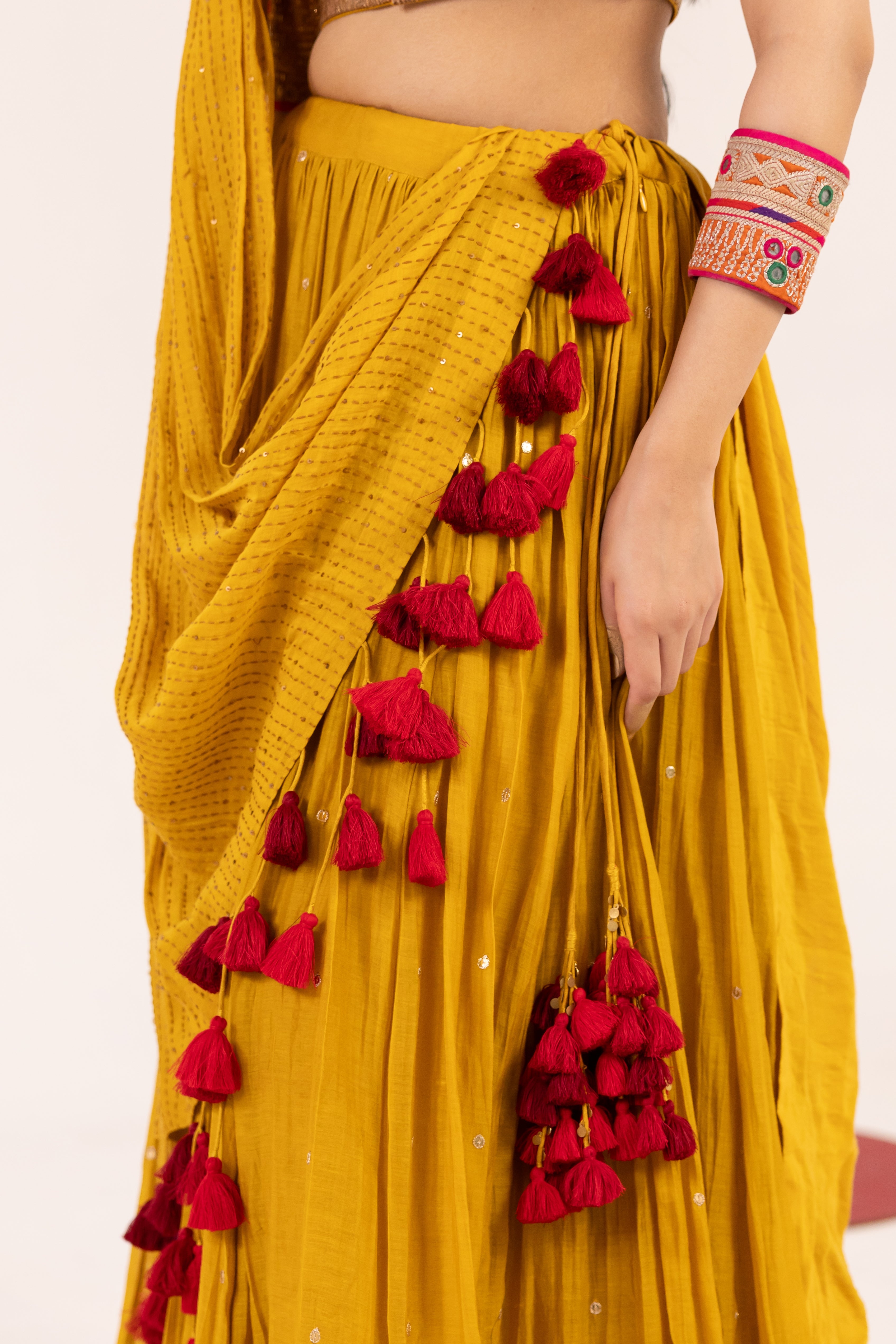 MUSTARD CHANDERI LEHENGA SET