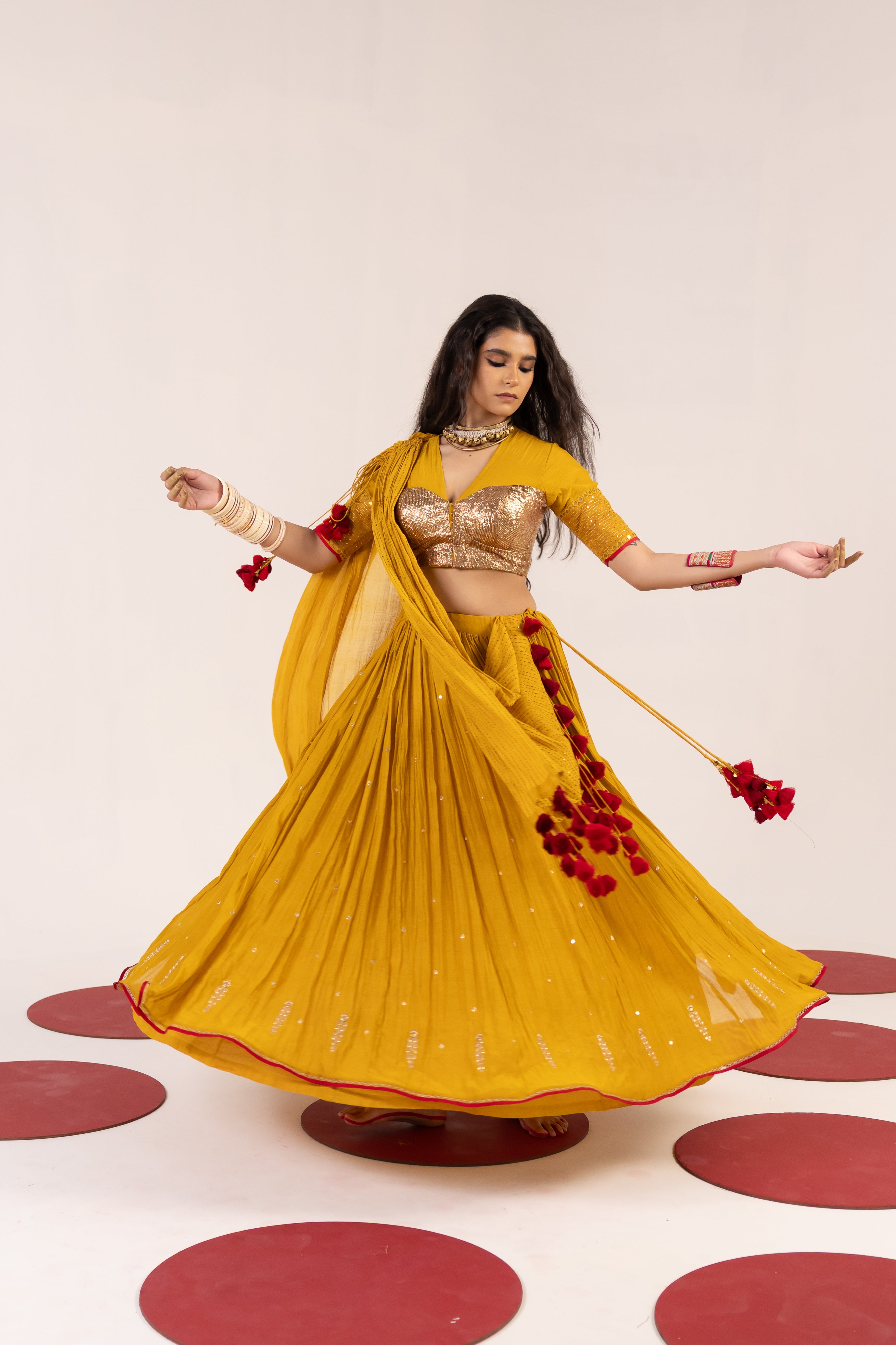 MUSTARD CHANDERI LEHENGA SET