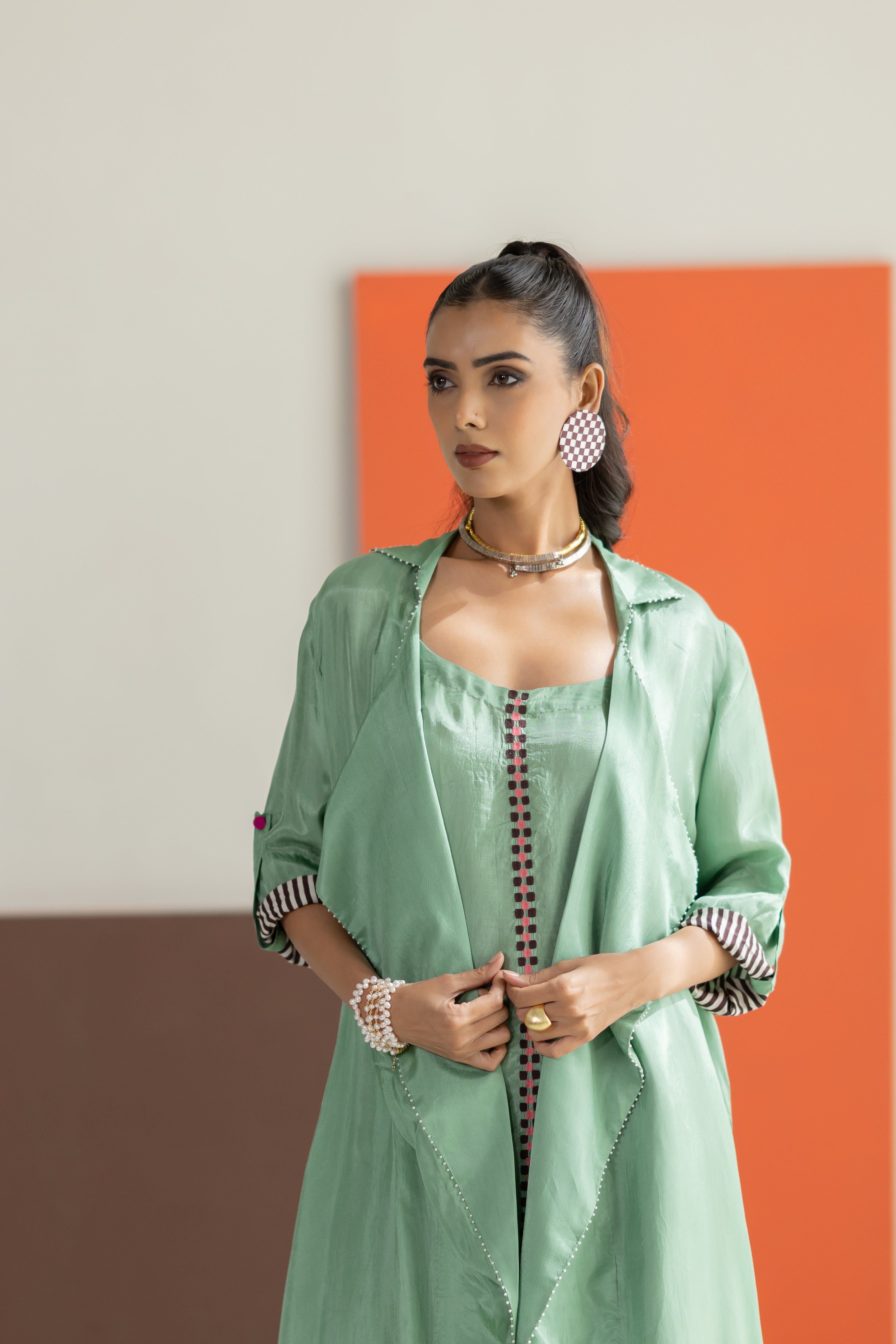 Sea green habutai silk jacket set