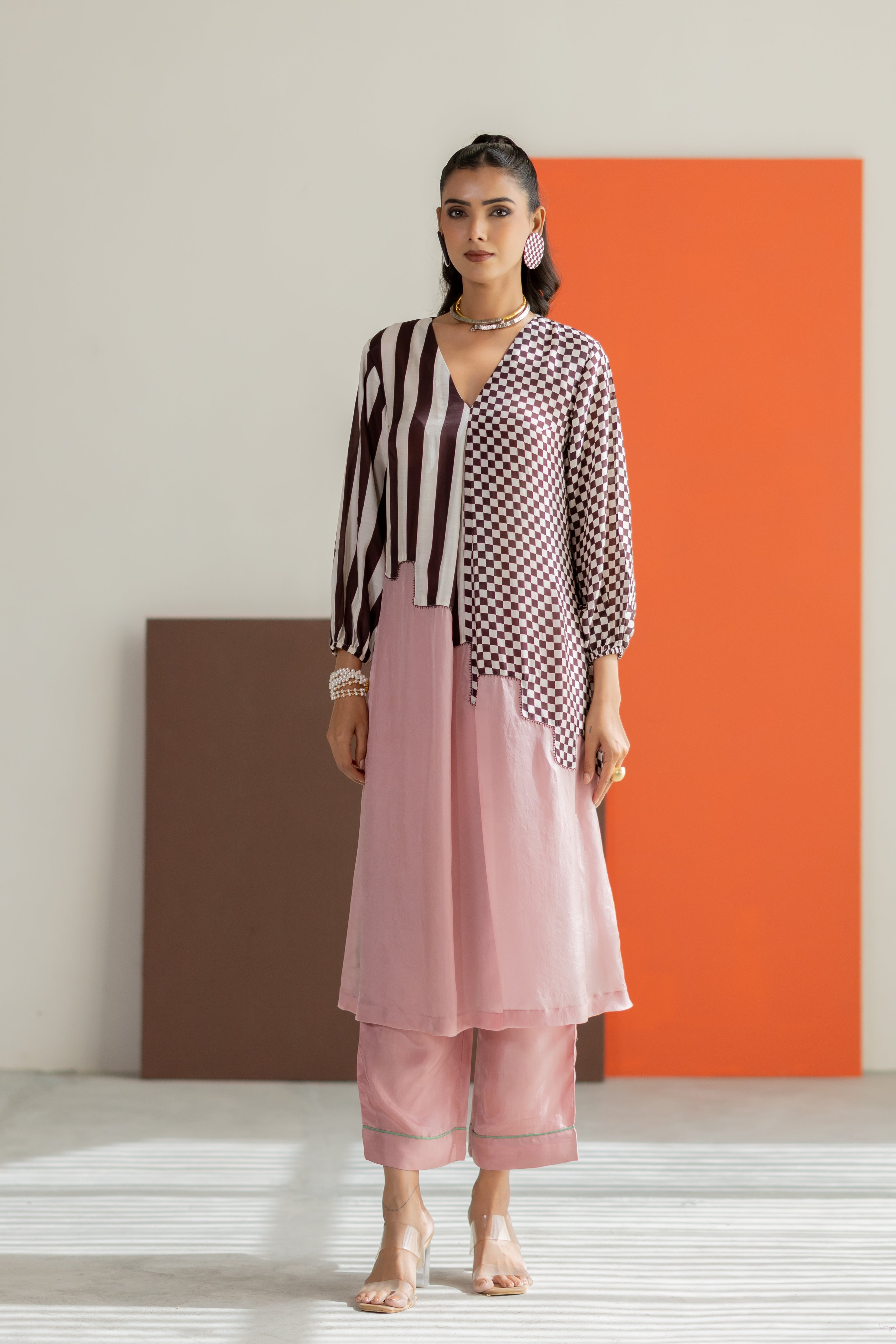 Light Pink and sea green abstract kurta set