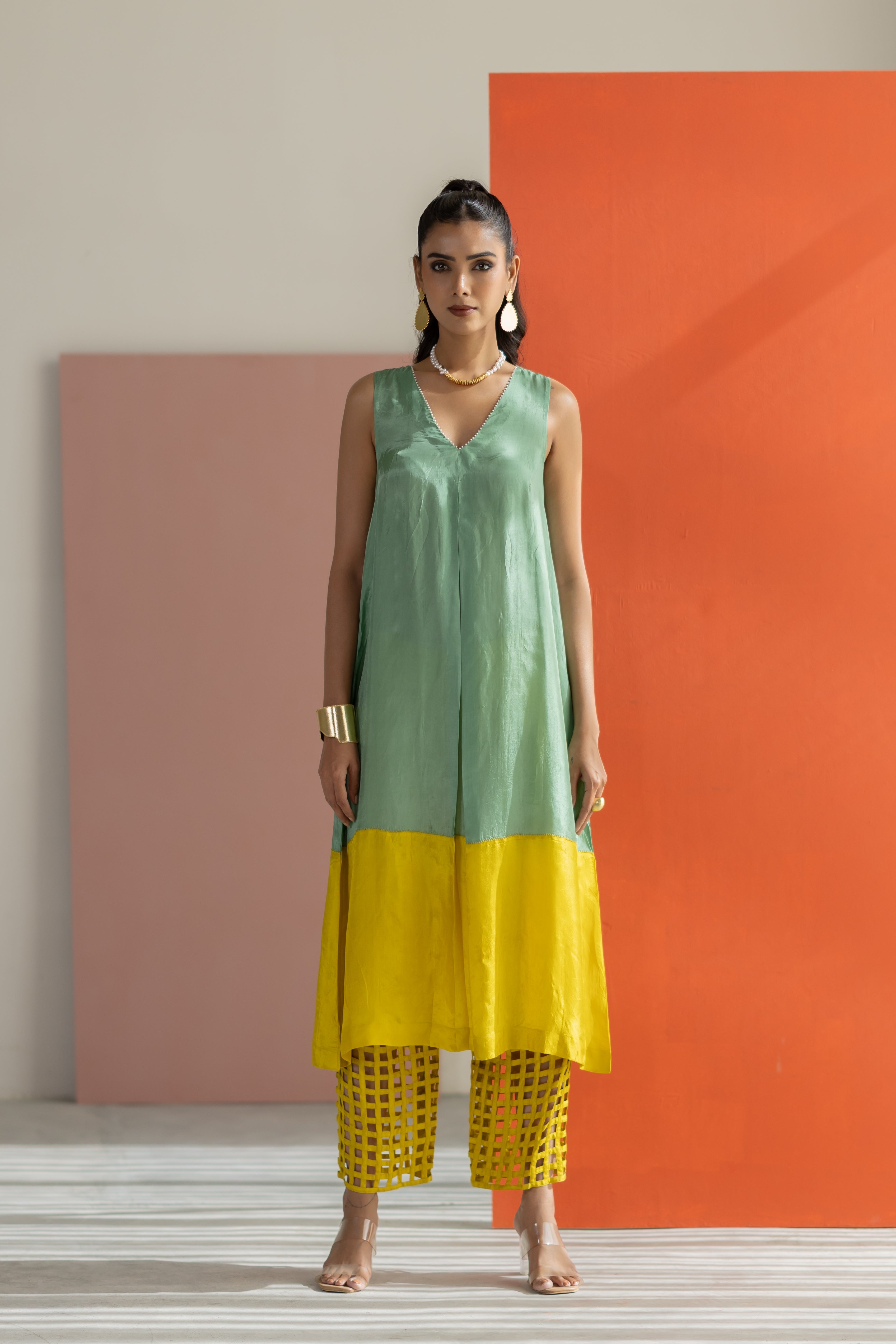 Sea green and lime yellow kurta set