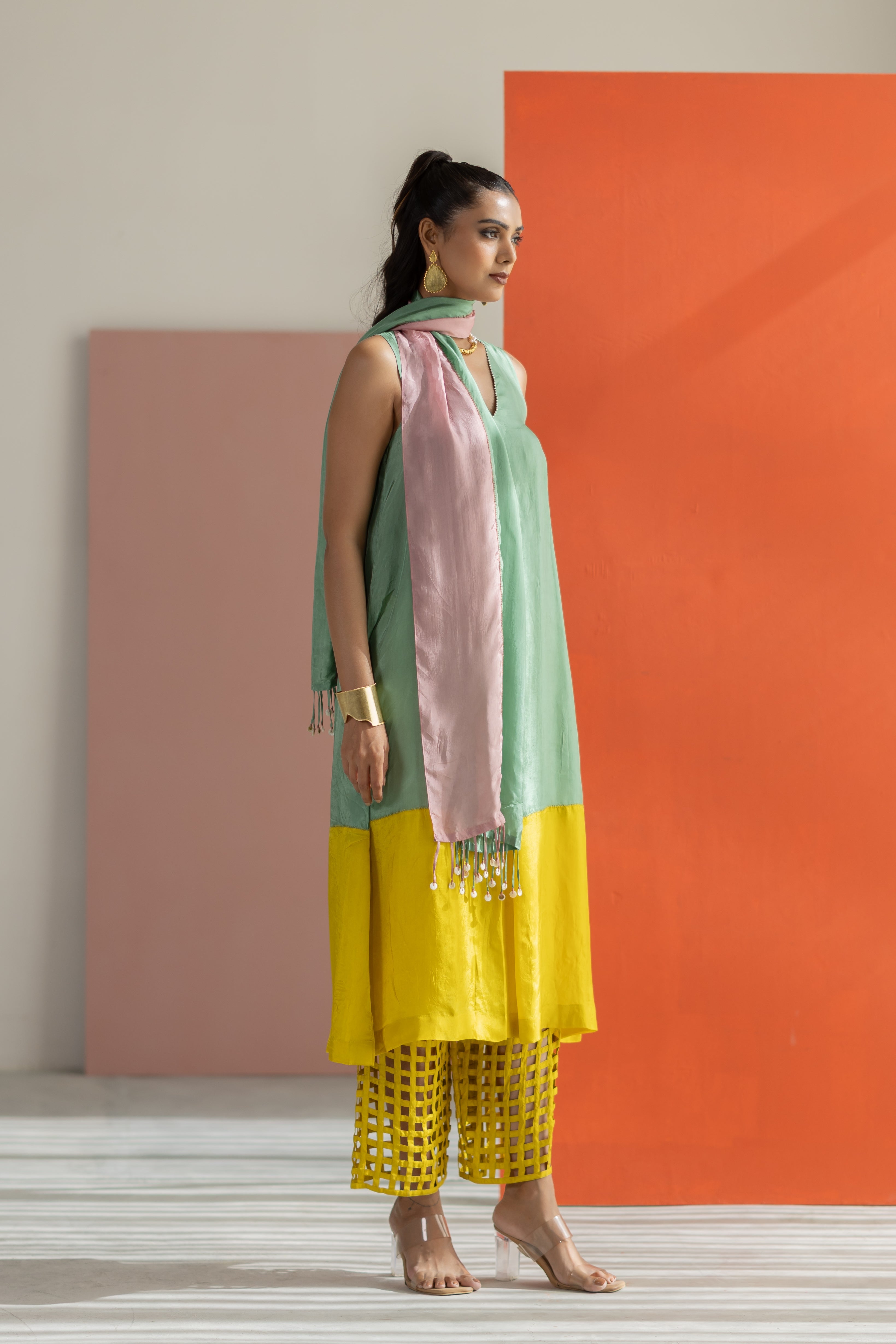 Sea green and lime yellow kurta set