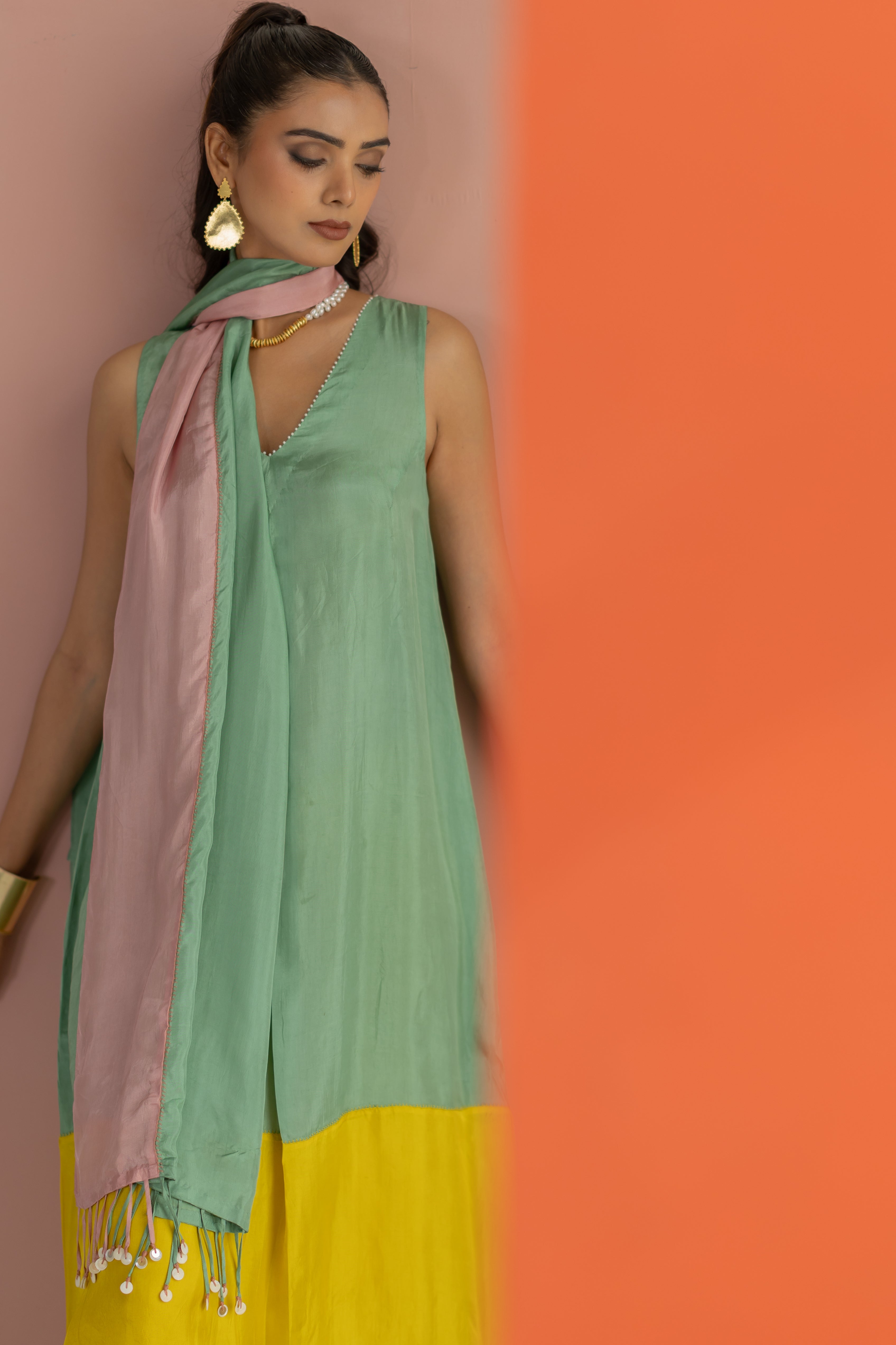 Sea green and lime yellow kurta set