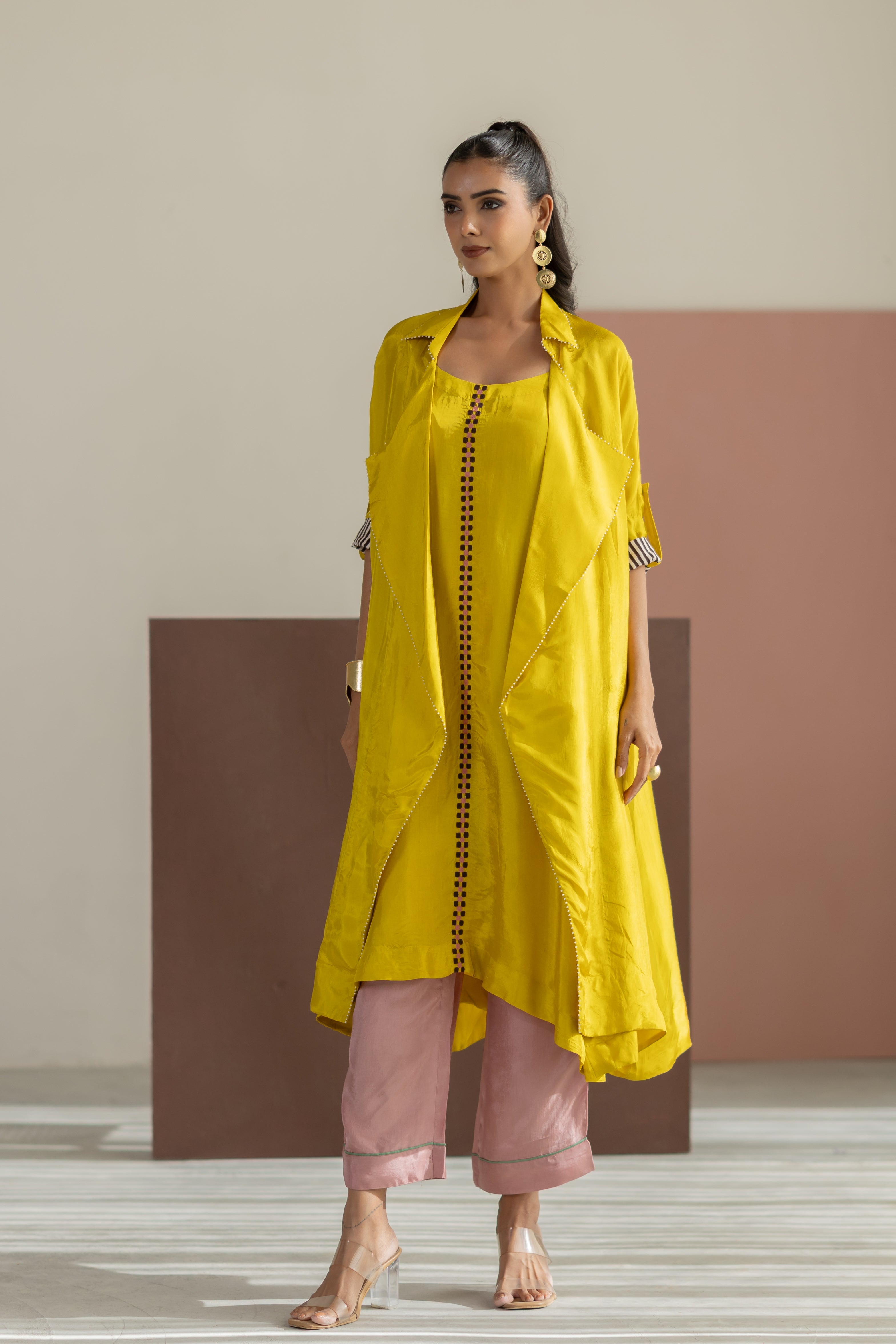 Lime Yellow Habutai Silk Jacket Set