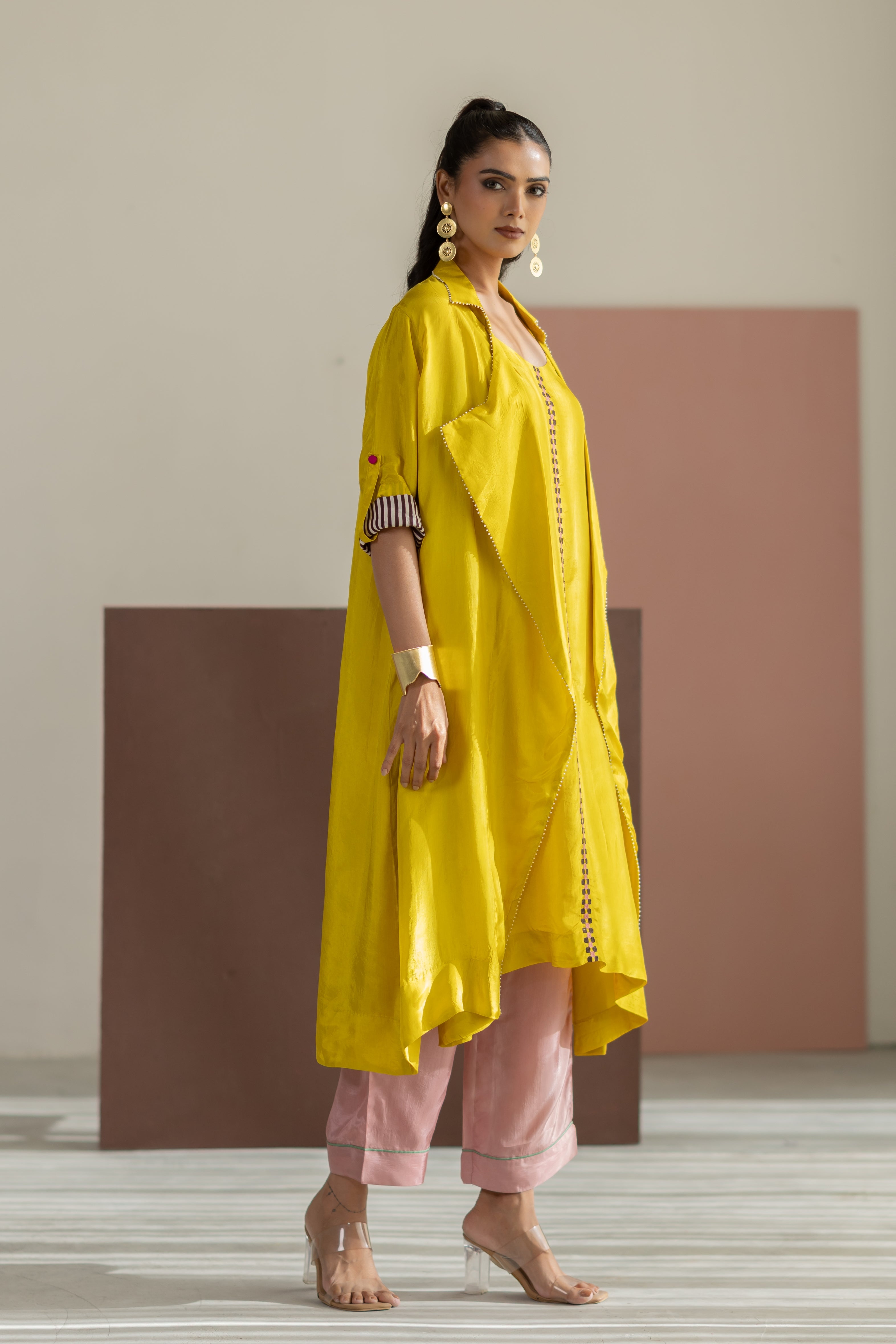 Lime Yellow Habutai Silk Jacket Set