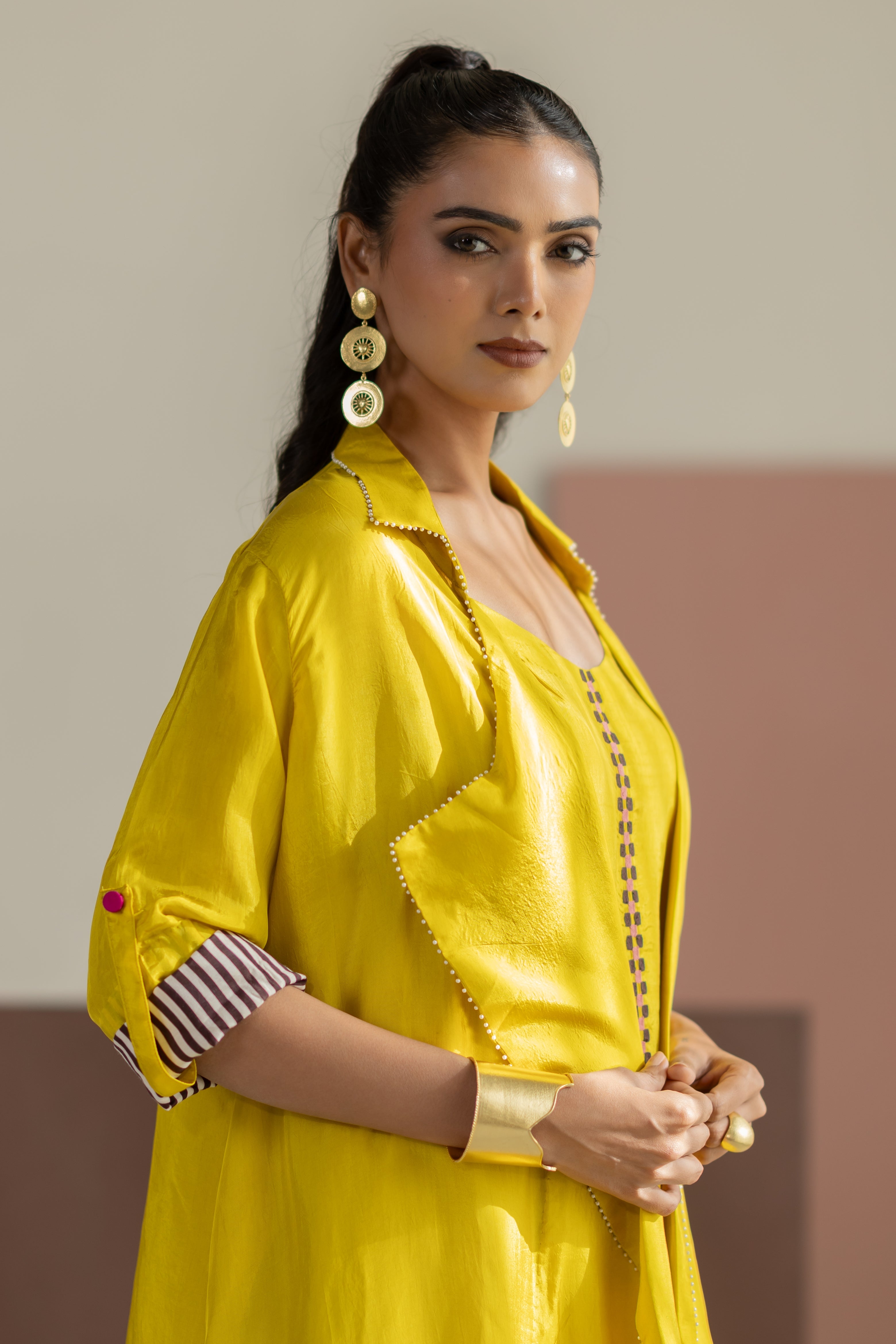 Lime Yellow Habutai Silk Jacket Set