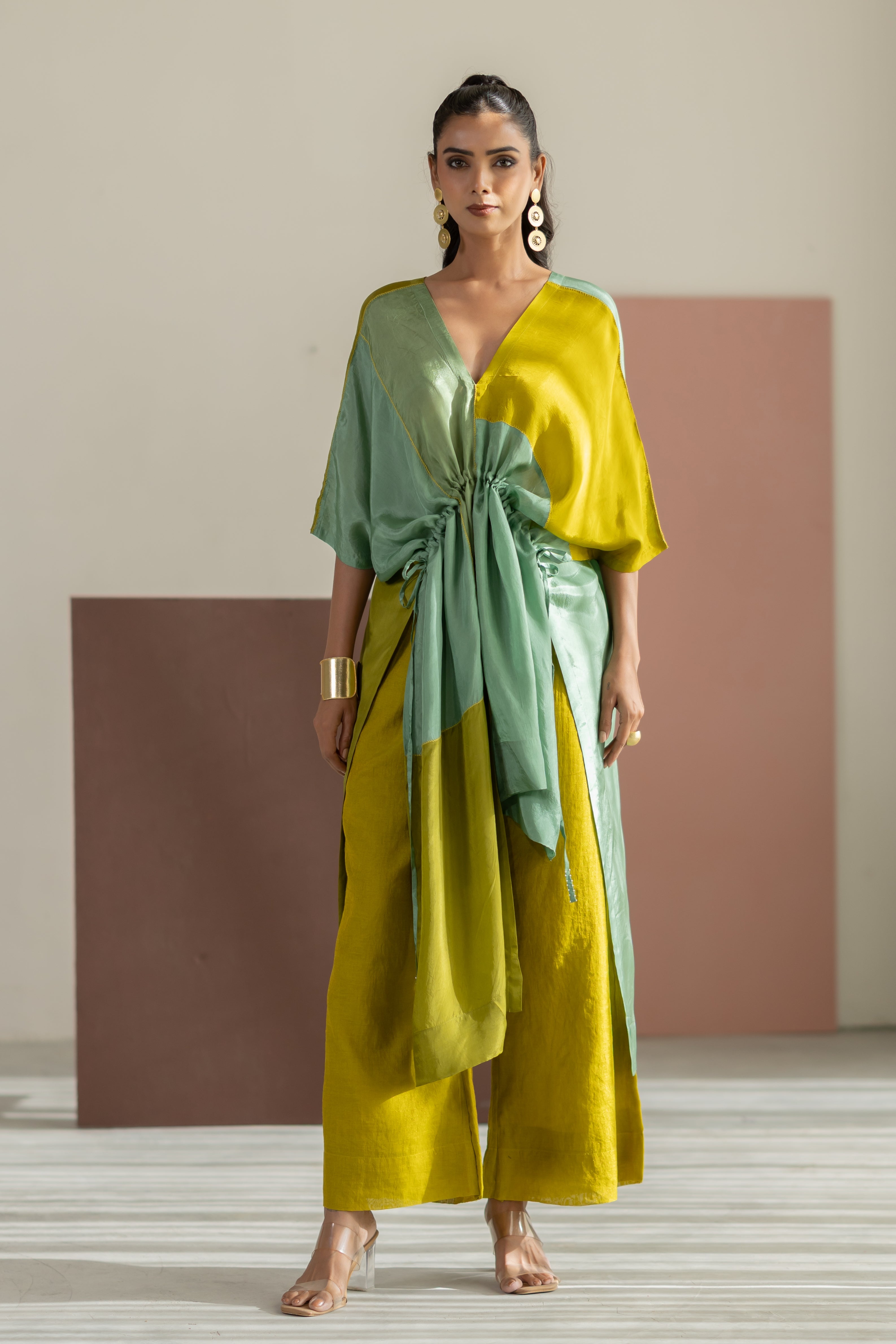 Lime yellow & sea green colorblock kaftan set