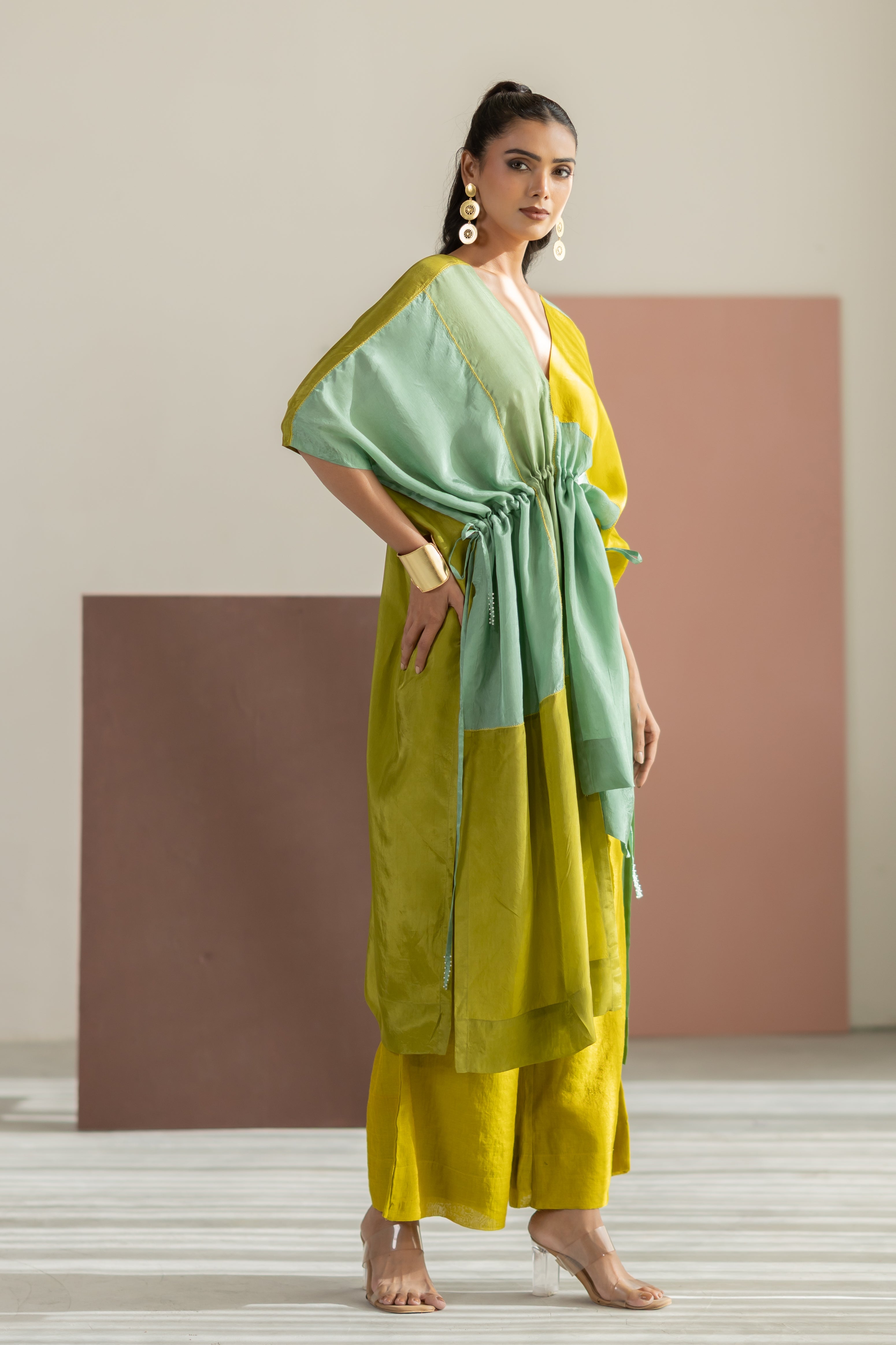 Lime yellow & sea green colorblock kaftan set