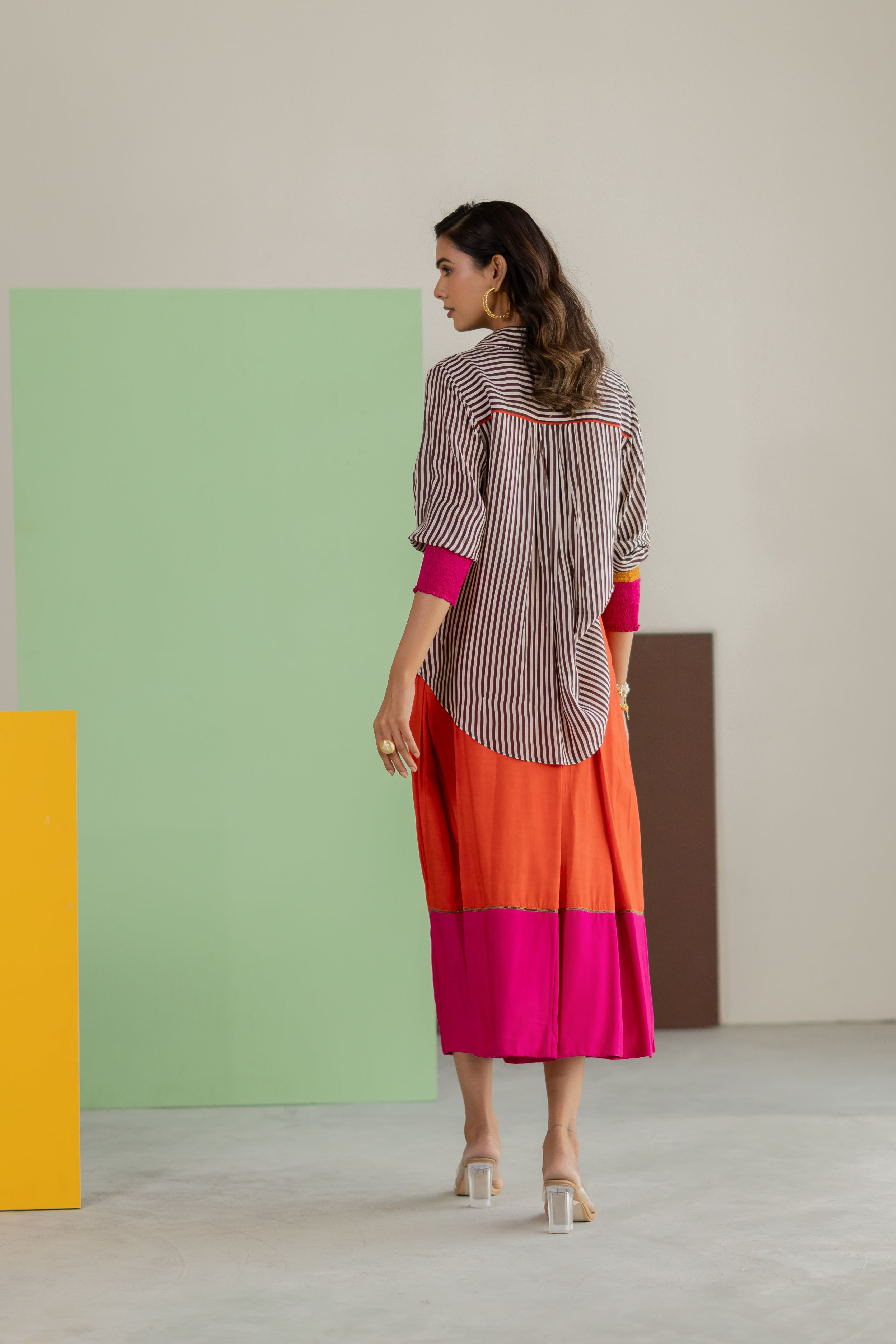 stripe shirt and orange skirt set