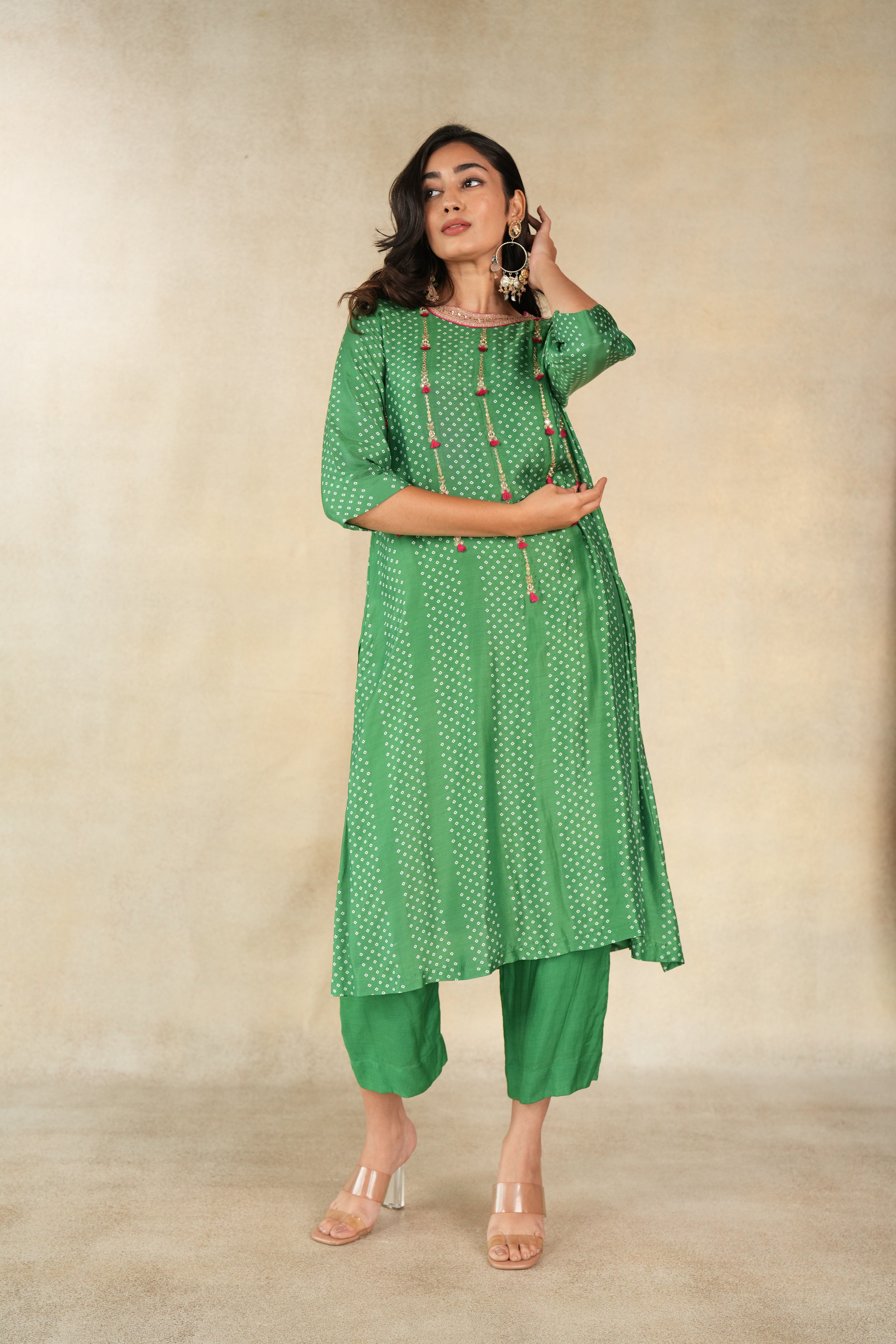 Dark green bandhani striped printed kurta set