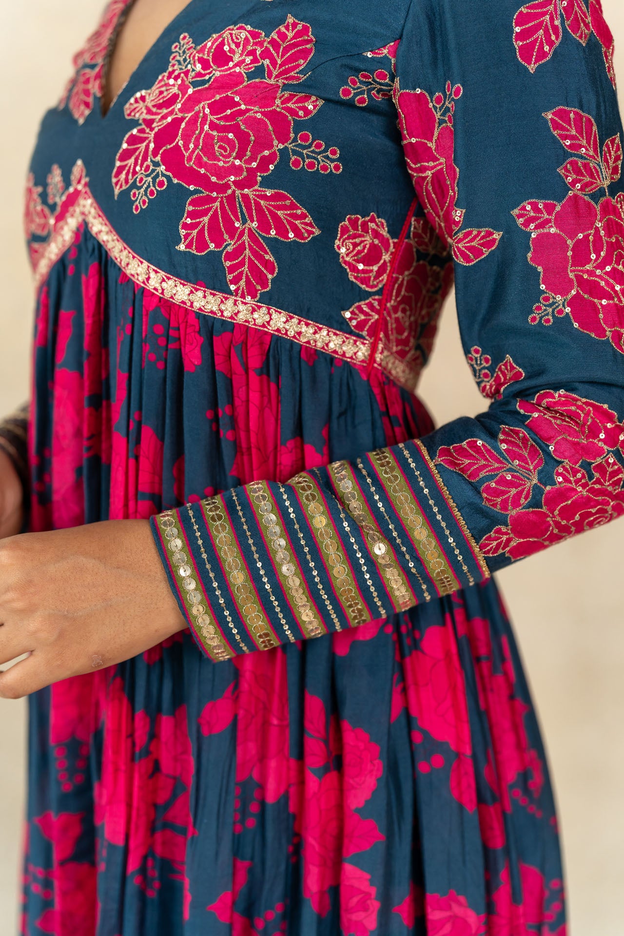 Teal blue floral printed sharara set